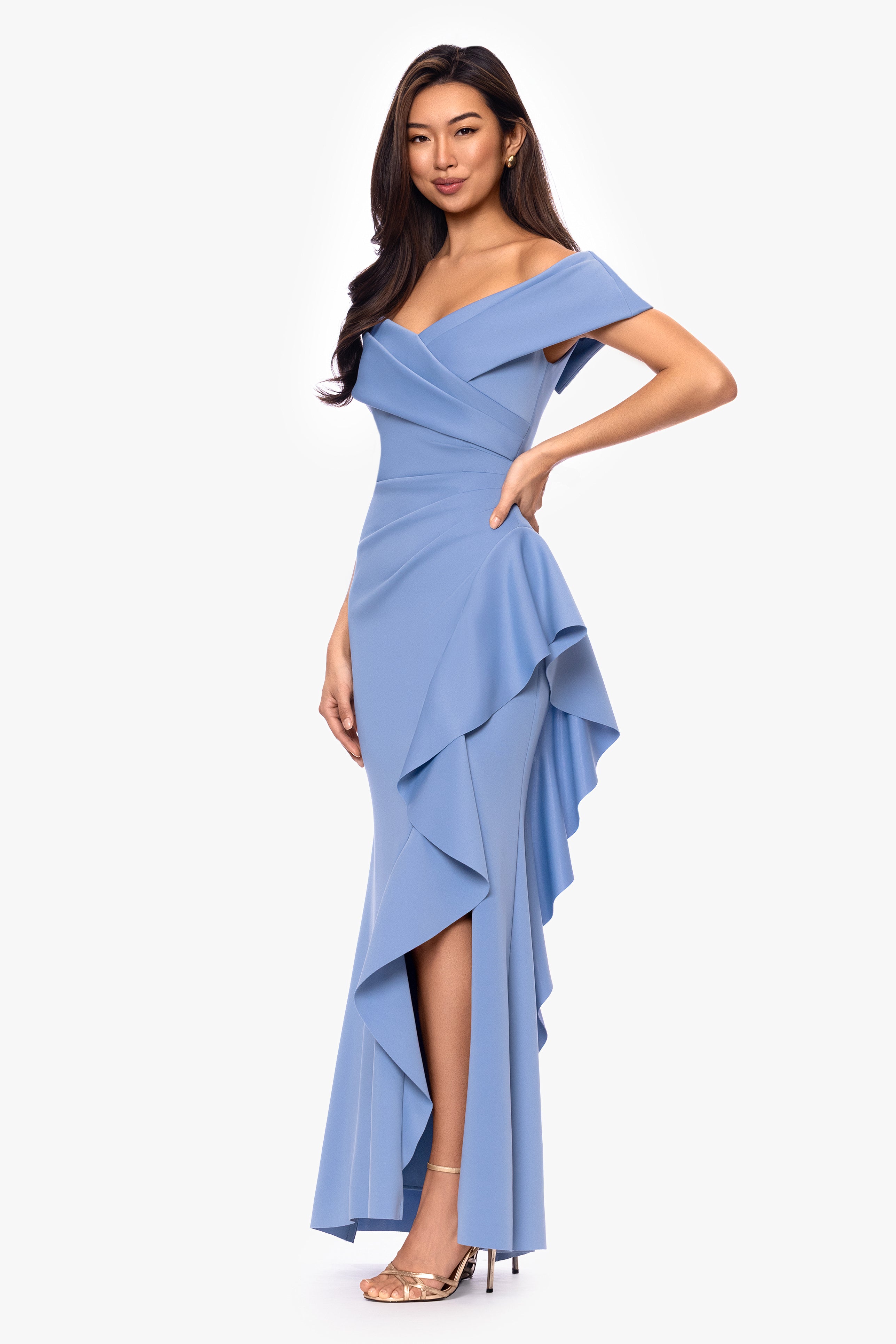 "Pearl" Techno Scuba Off the Shoulder Ruffle Floor Length Dress