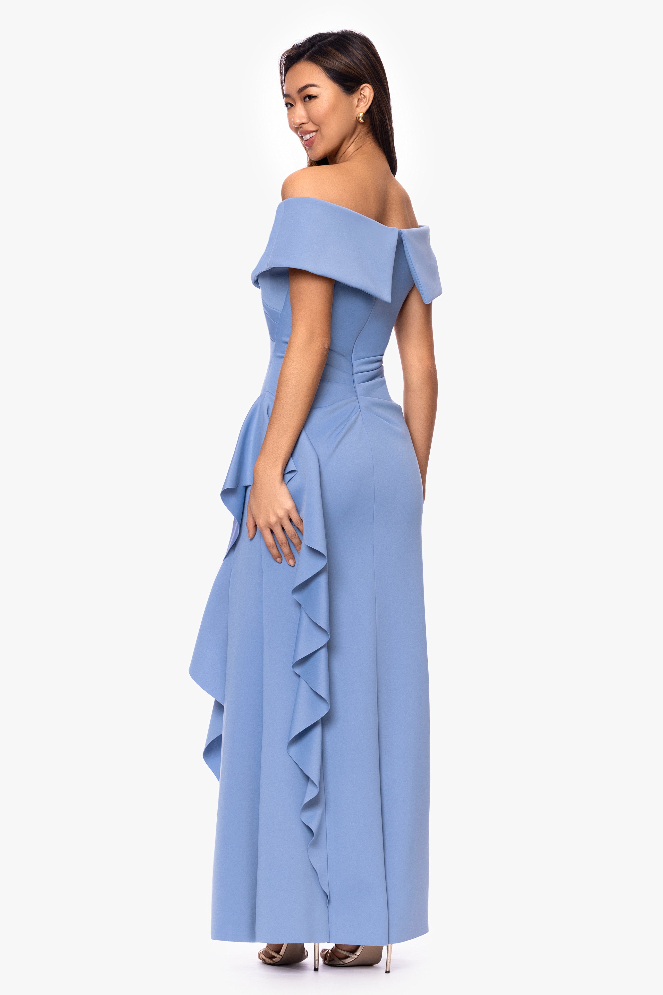 "Pearl" Techno Scuba Off the Shoulder Ruffle Floor Length Dress