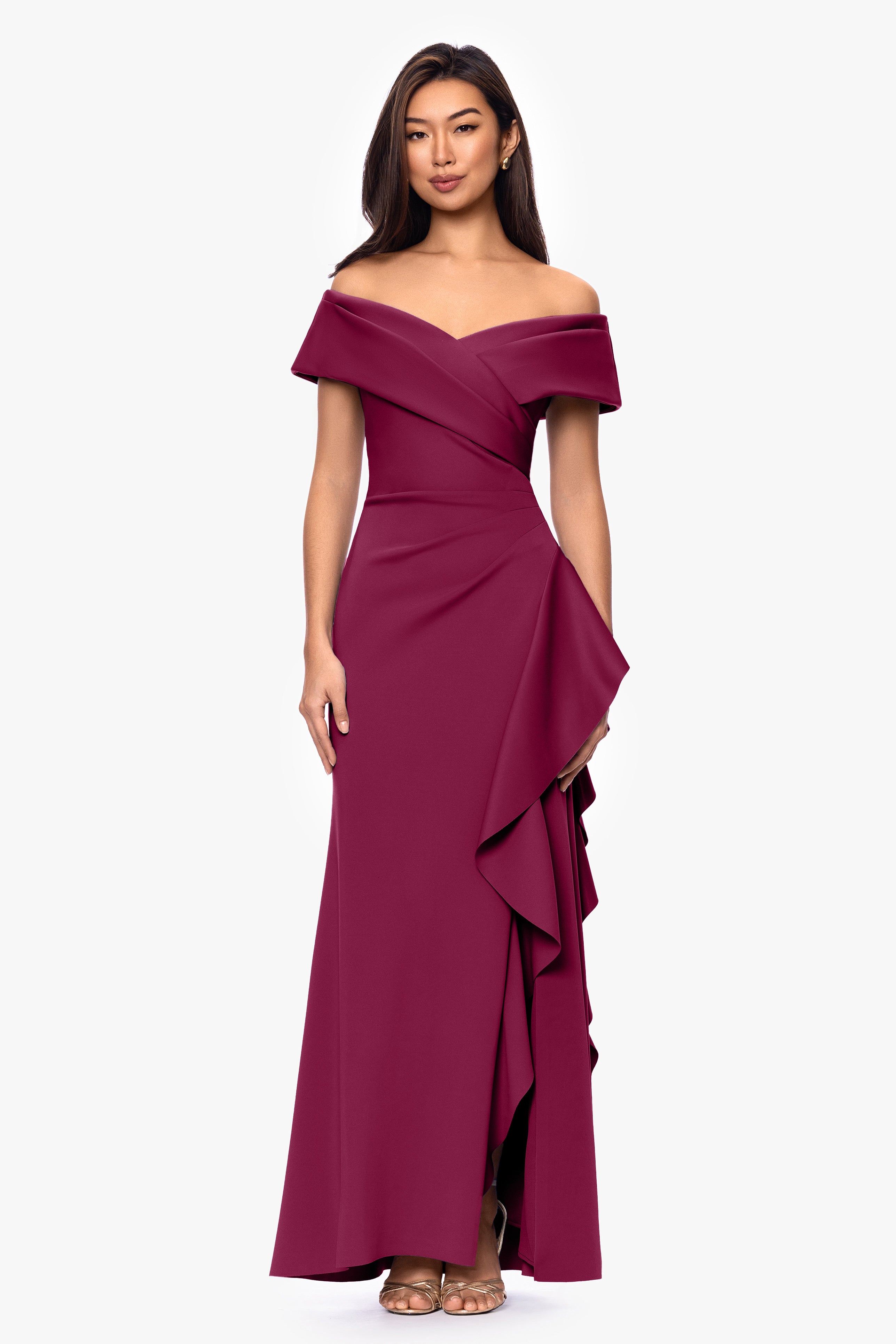 Petite Pearl Techno Scuba Off the Shoulder Ruffle Floor Length Dress