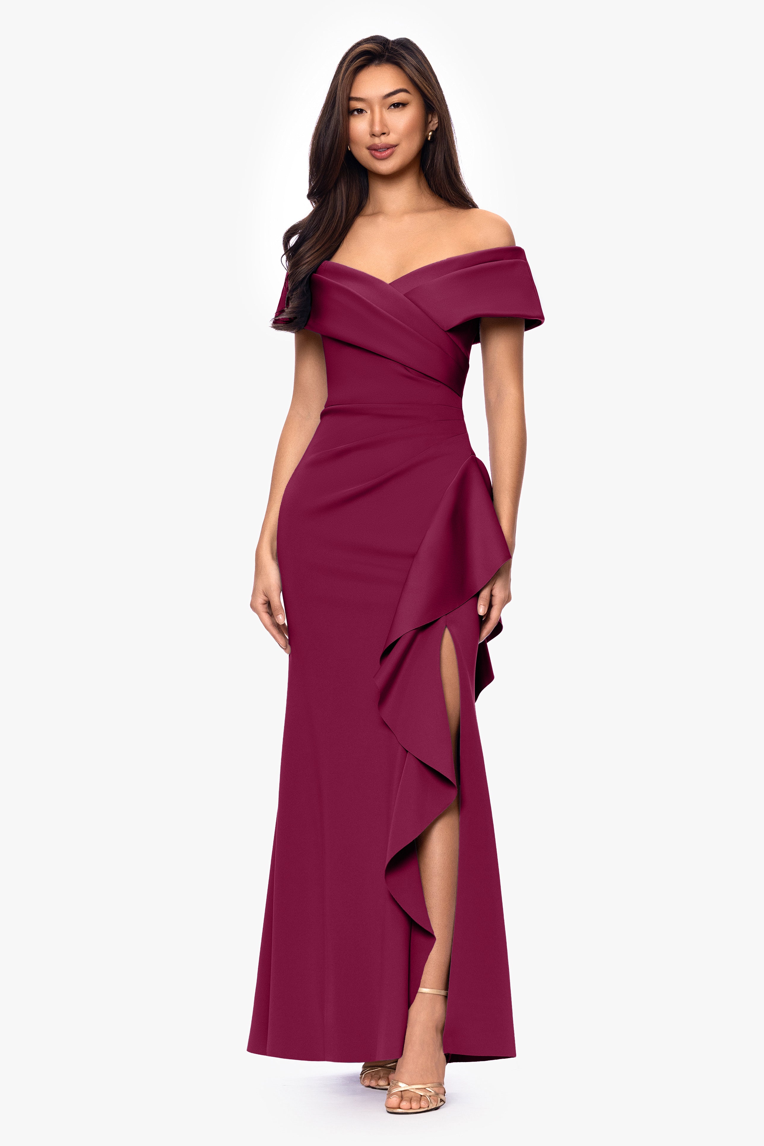 Petite "Pearl" Techno Scuba Off the Shoulder Ruffle Floor Length Dress