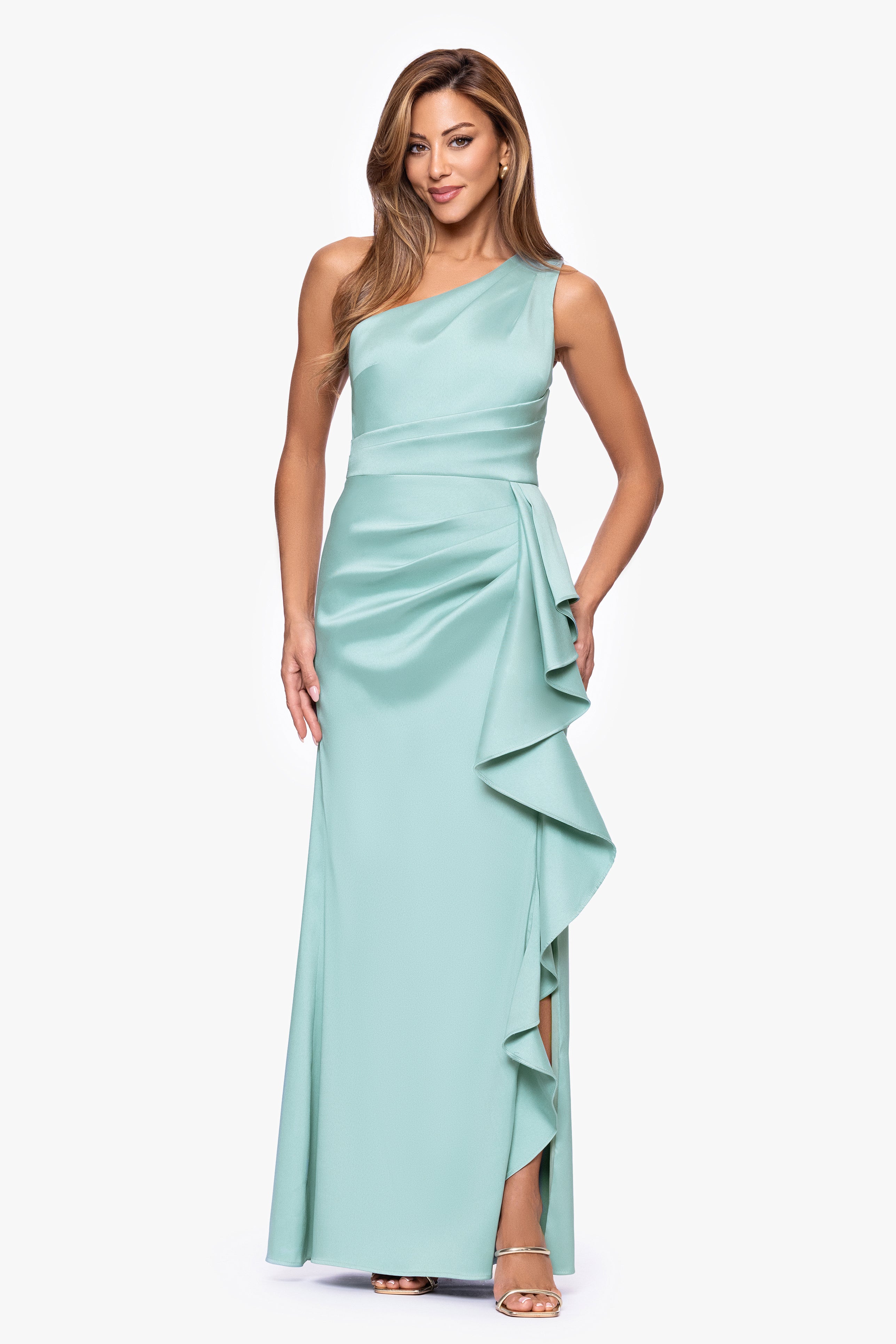 "Nikki" Mikado One Shoulder Ruffle Floor Length Dress