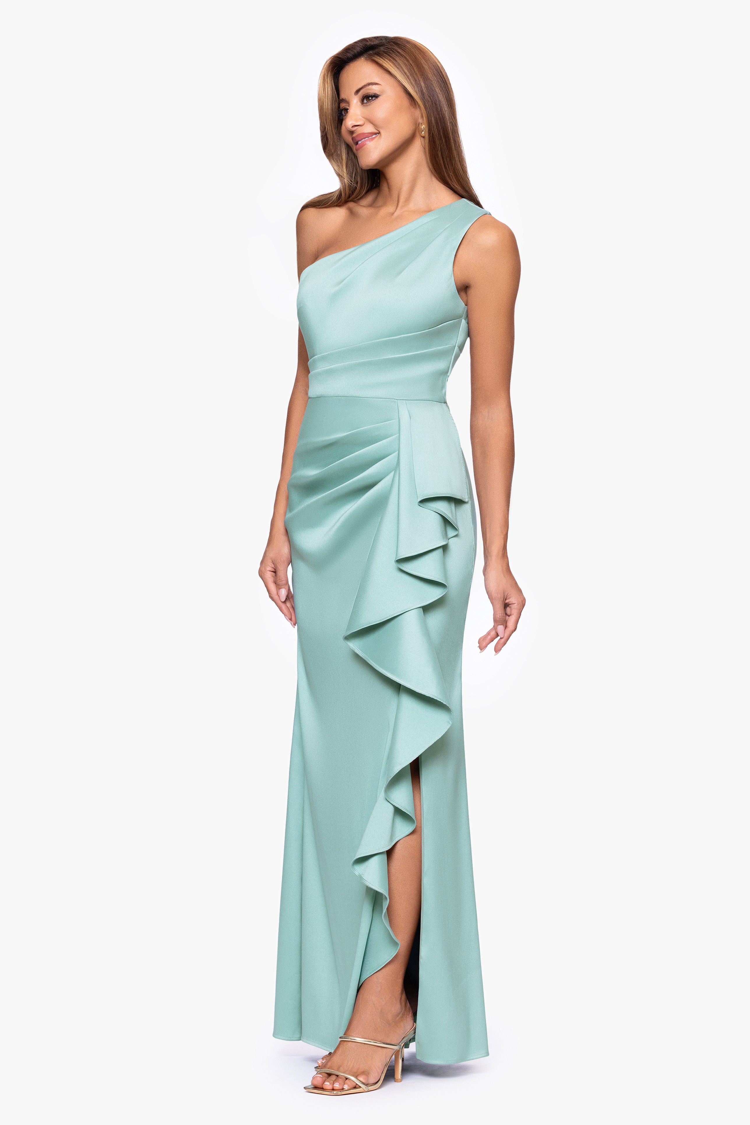 Petite "Nikki" Mikado One Shoulder Ruffle Floor Length Dress