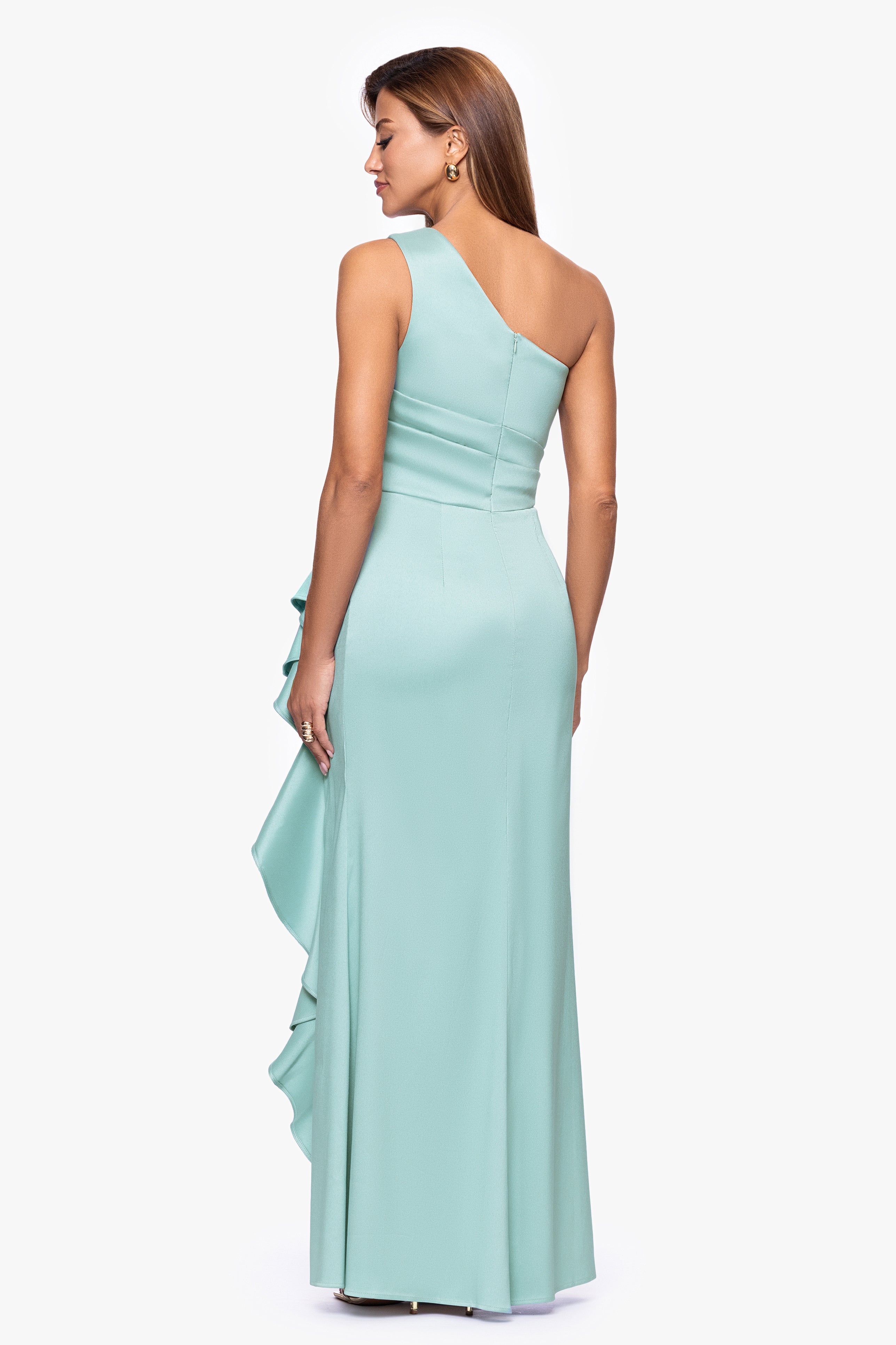 Petite "Nikki" Mikado One Shoulder Ruffle Floor Length Dress