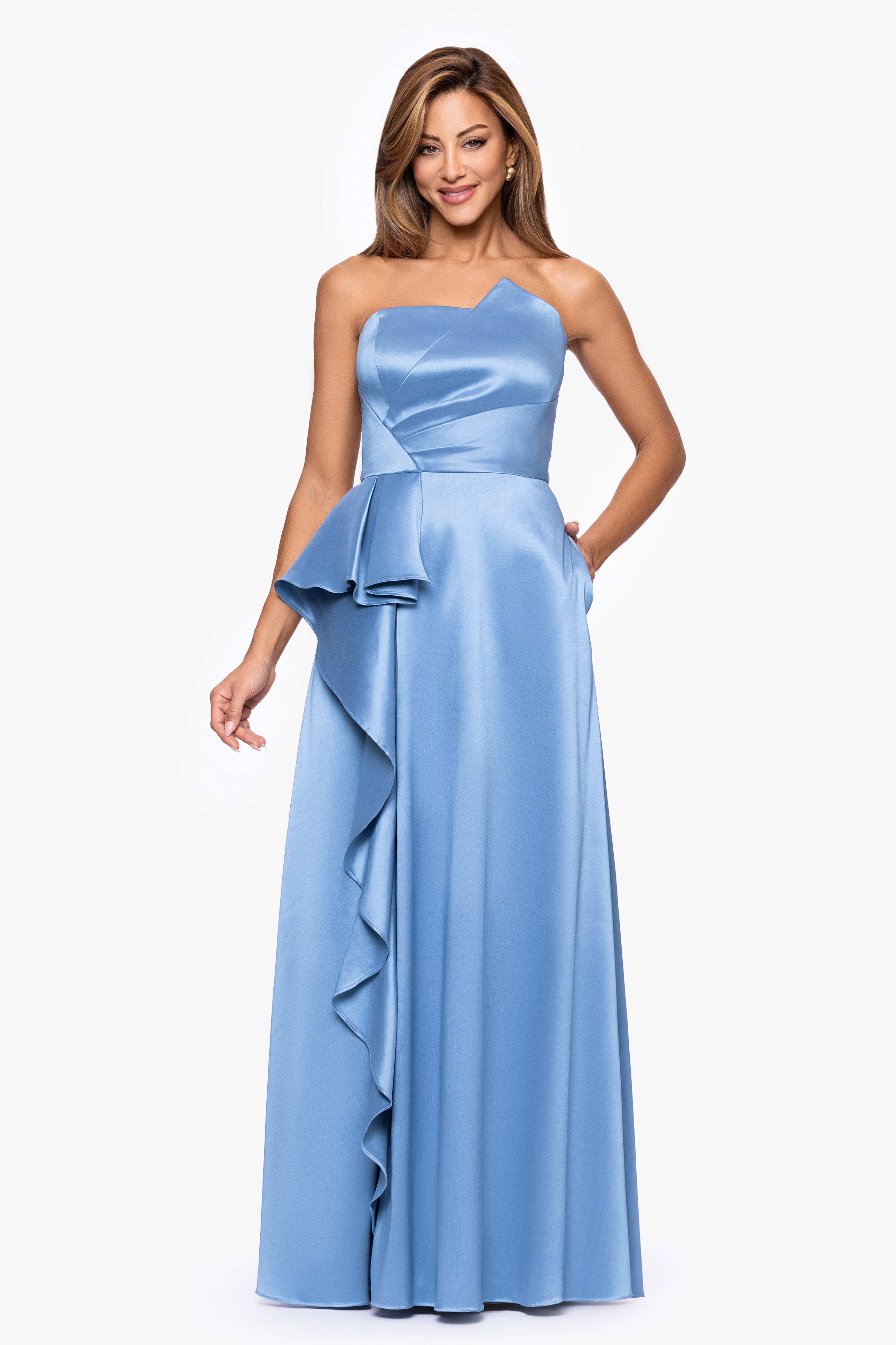 "Marjorie" Mikado Asymmetrical Neckline Floor Length Dress