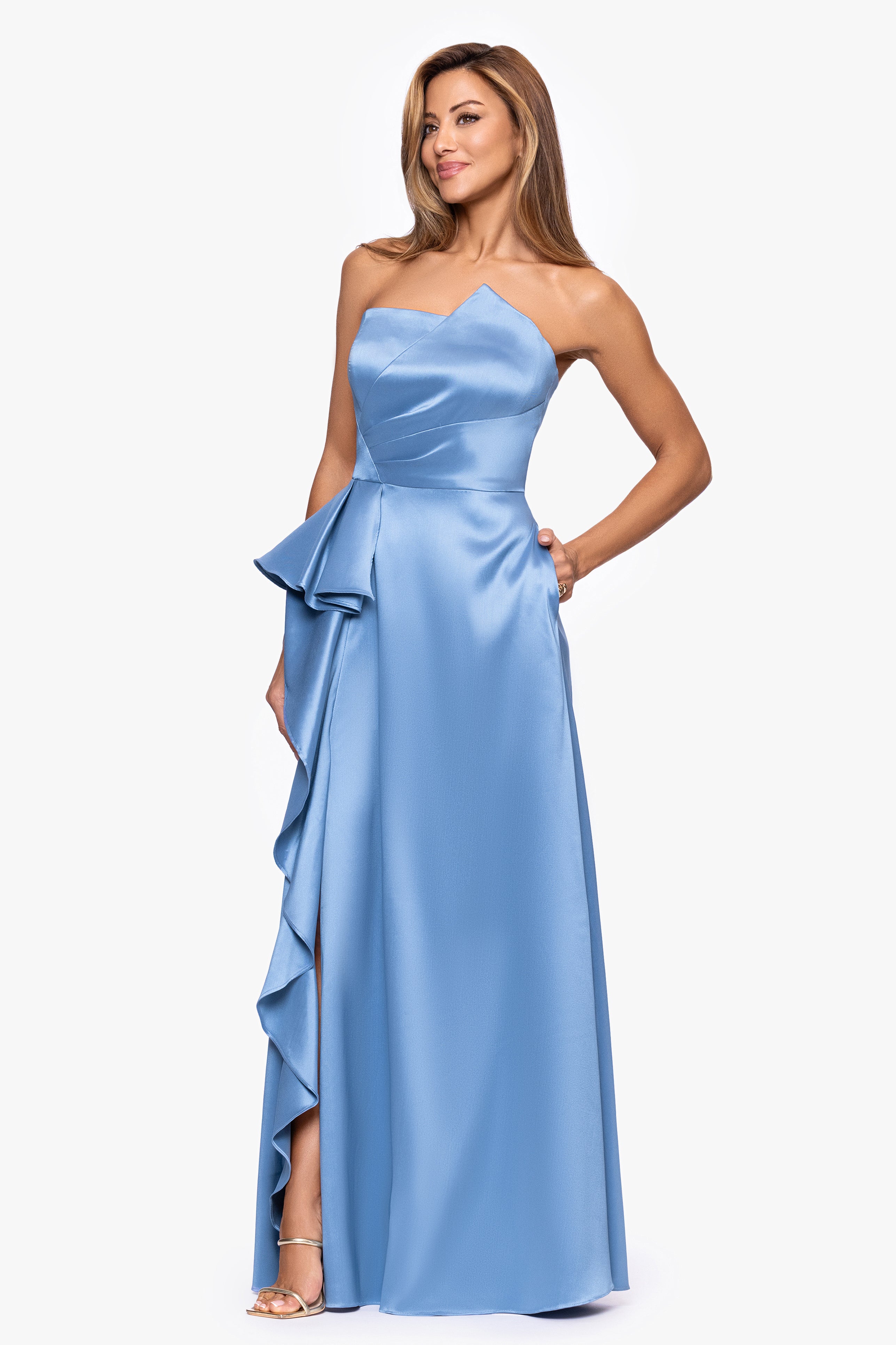 Petite "Marjorie" Mikado Asymmetrical Neckline Floor Length Dress