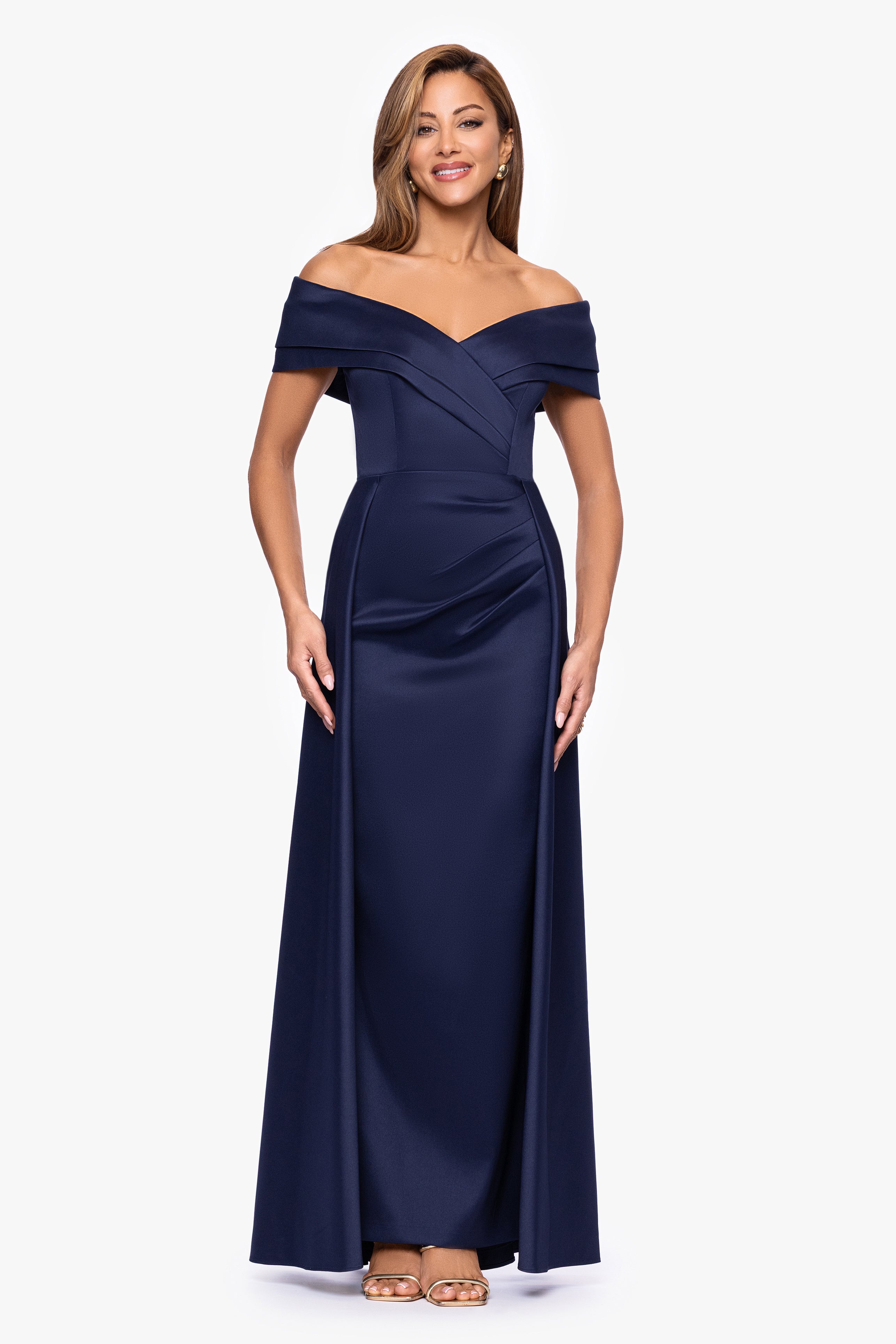 "Tina" Mikado Off the Shoulder Overlay Floor Length Dress