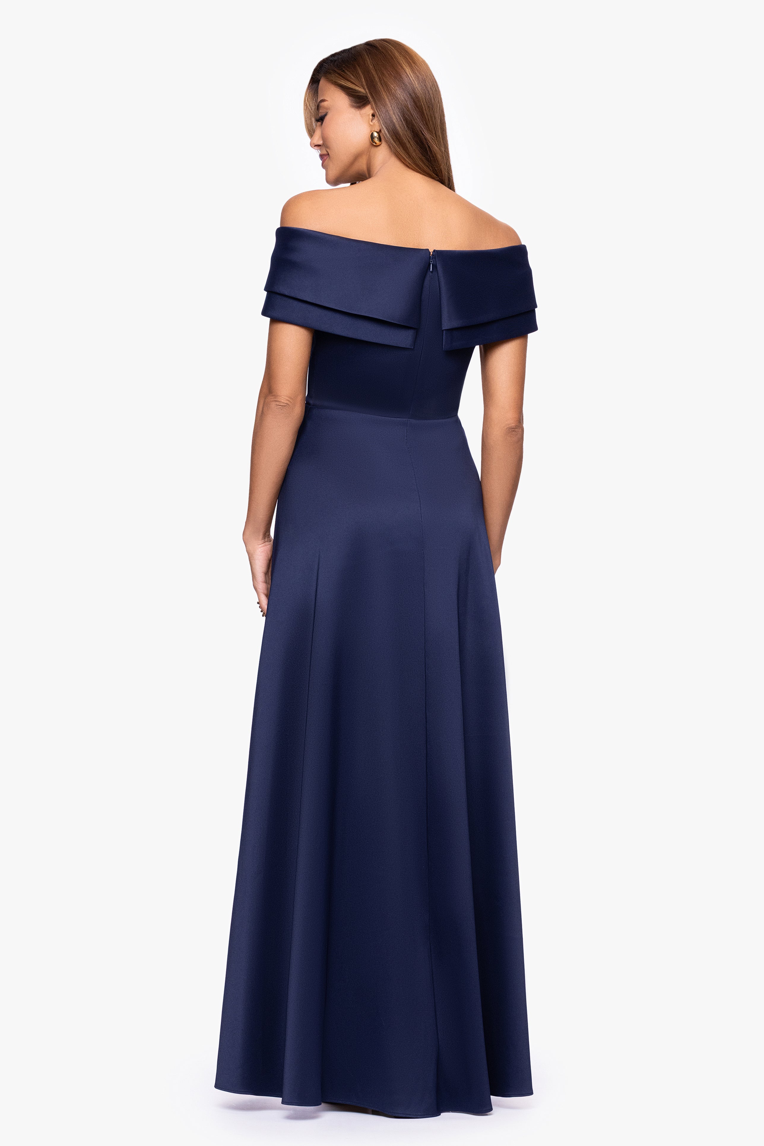 "Tina" Mikado Off the Shoulder Overlay Floor Length Dress