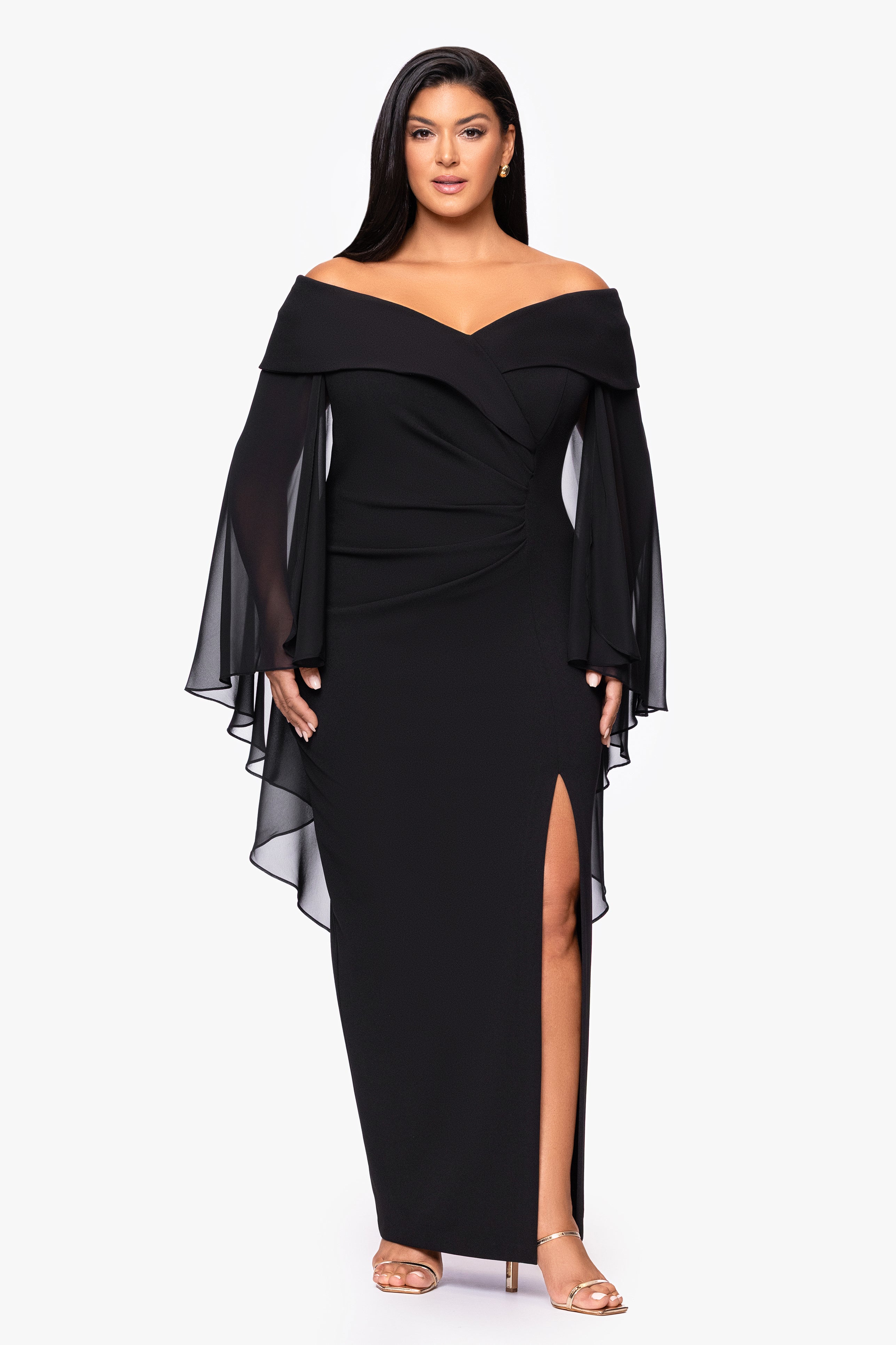 Plus "Rosaline" Scuba Crepe Off the Shoulder Chiffon Cape Floor Length Dress