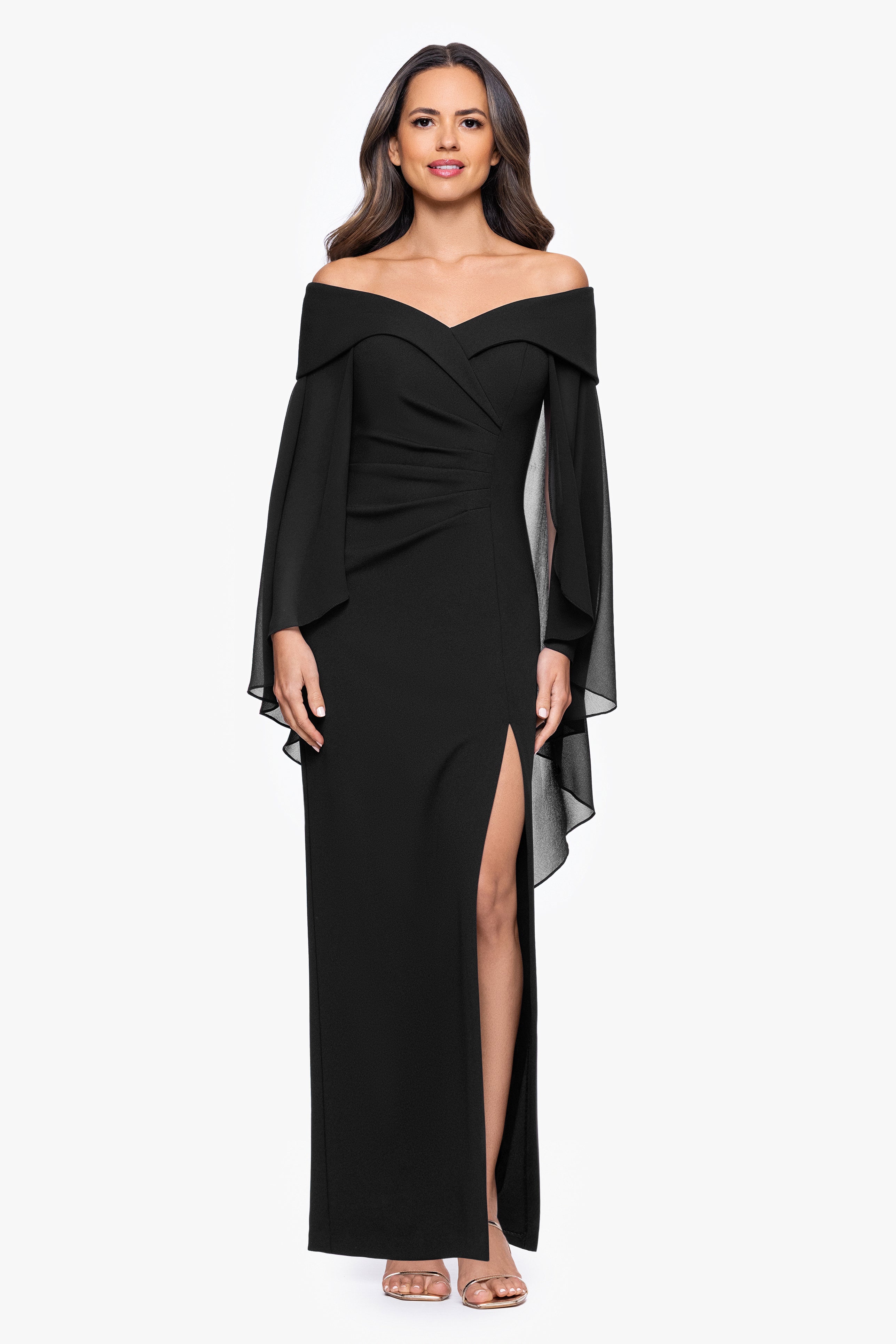Petite "Rosaline" Scuba Crepe Off the Shoulder Chiffon Cape Floor Length Dress