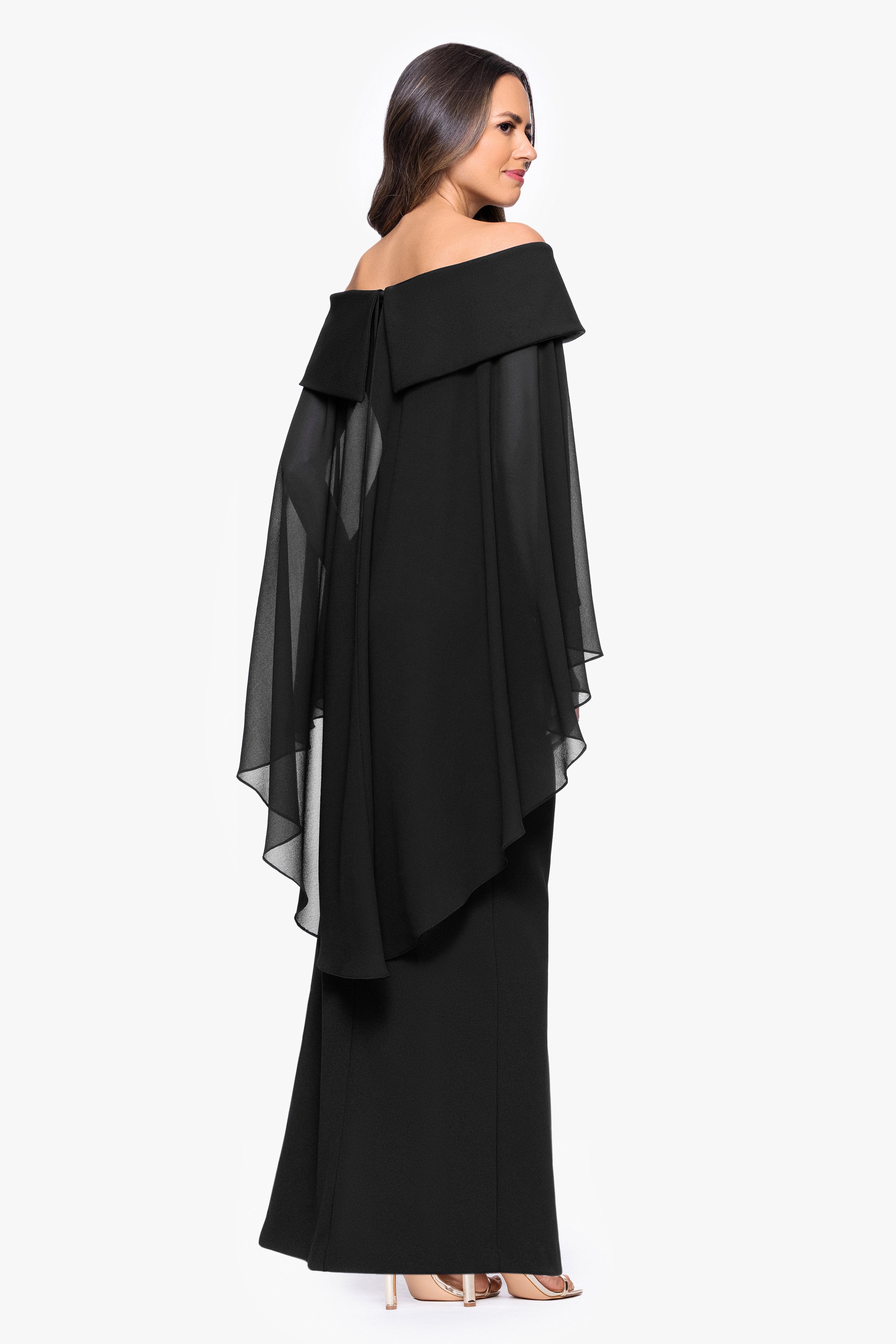 Petite "Rosaline" Scuba Crepe Off the Shoulder Chiffon Cape Floor Length Dress