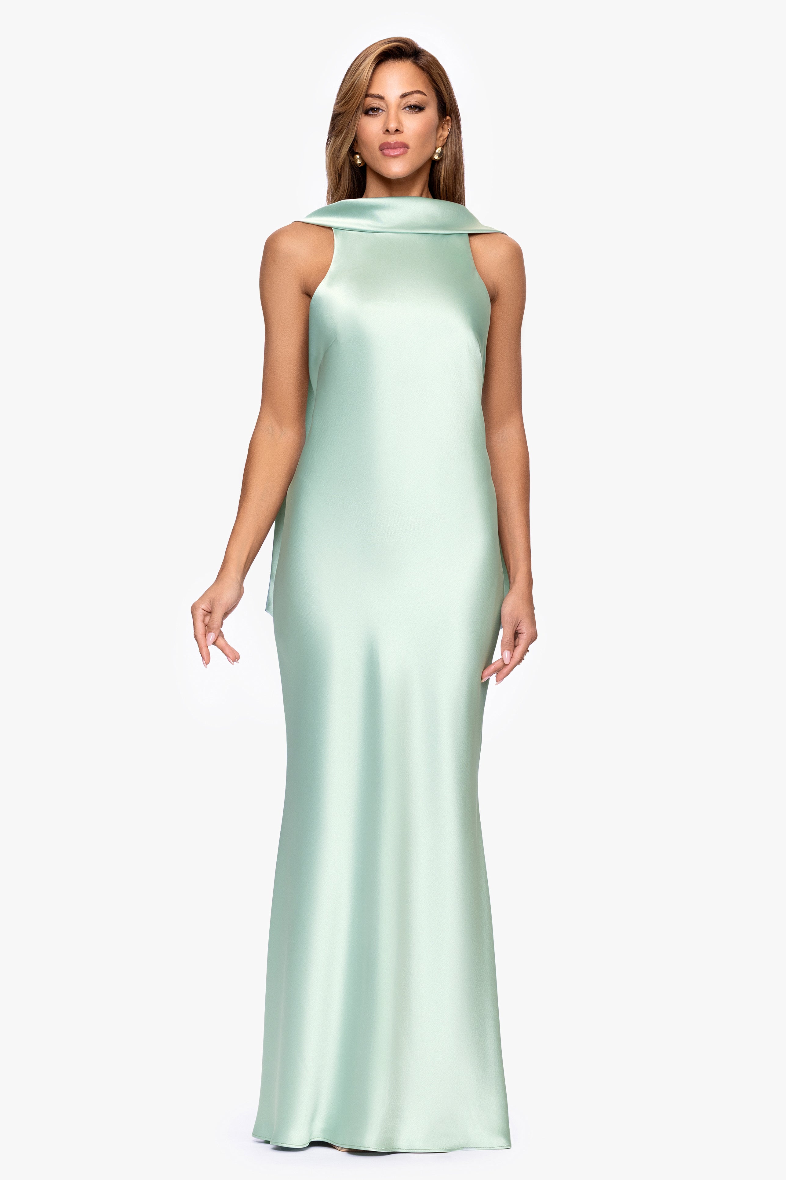 "Mackenzie" Satin Back Sash Floor Length Dress