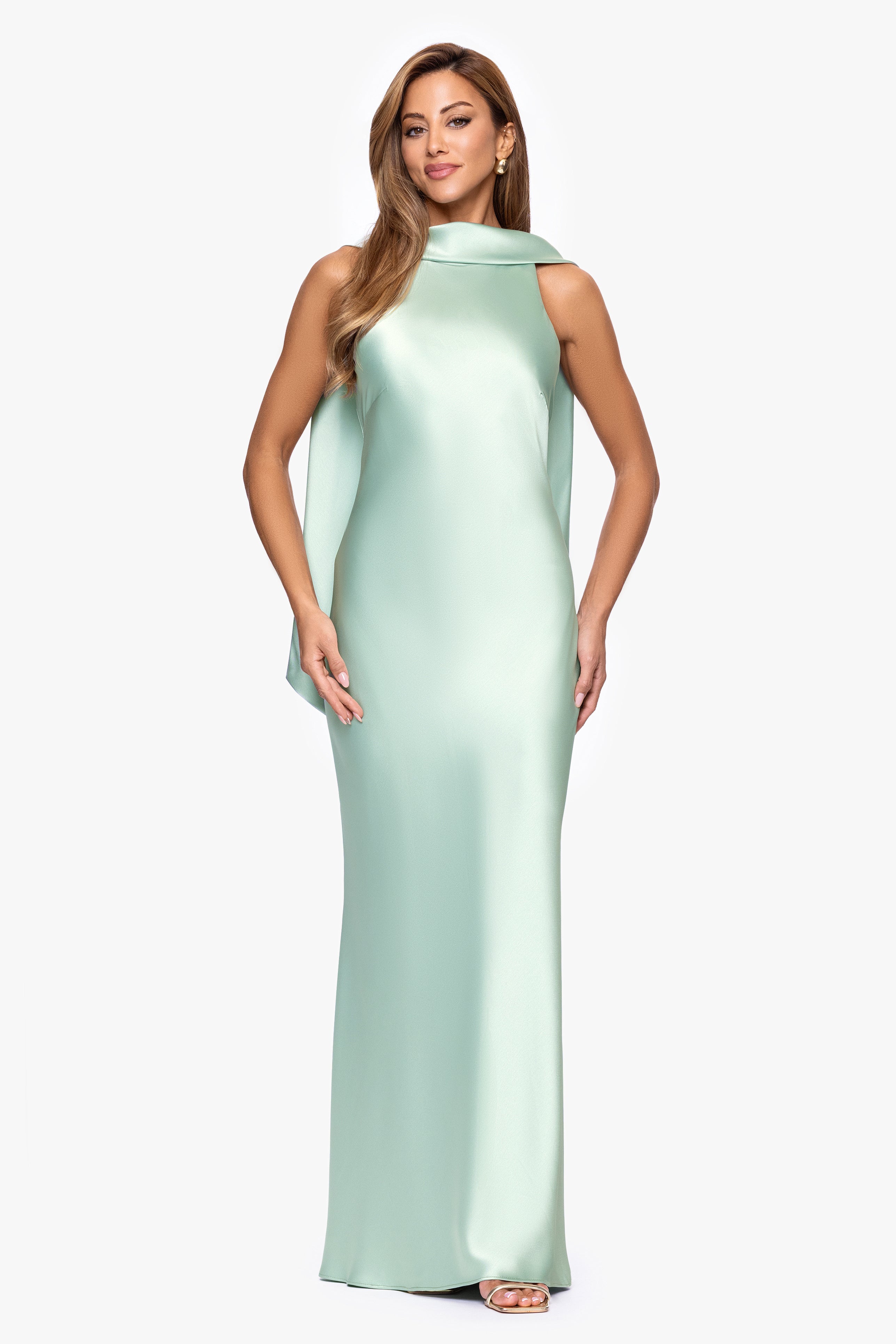 "Mackenzie" Satin Back Sash Floor Length Dress