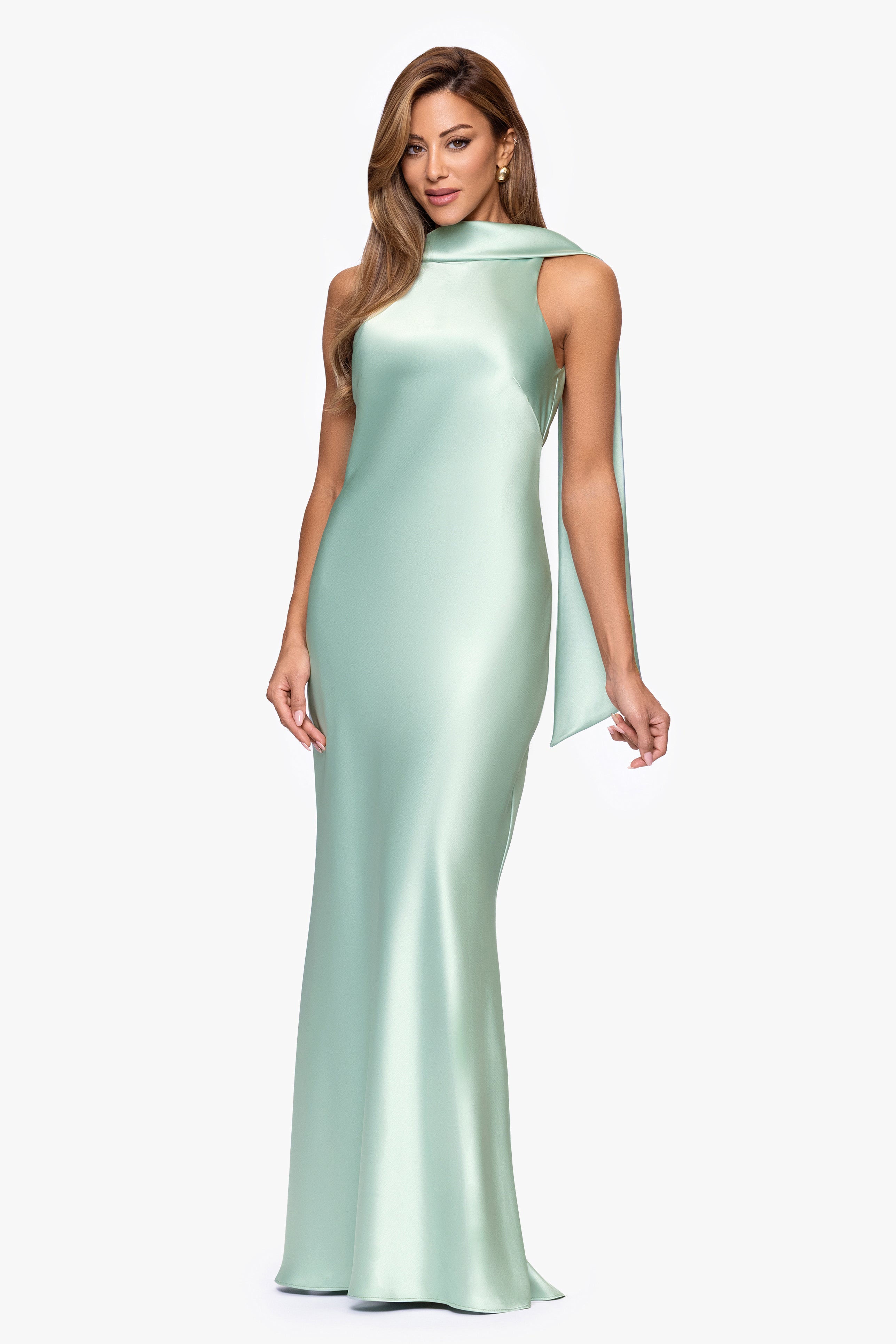 "Mackenzie" Satin Back Sash Floor Length Dress