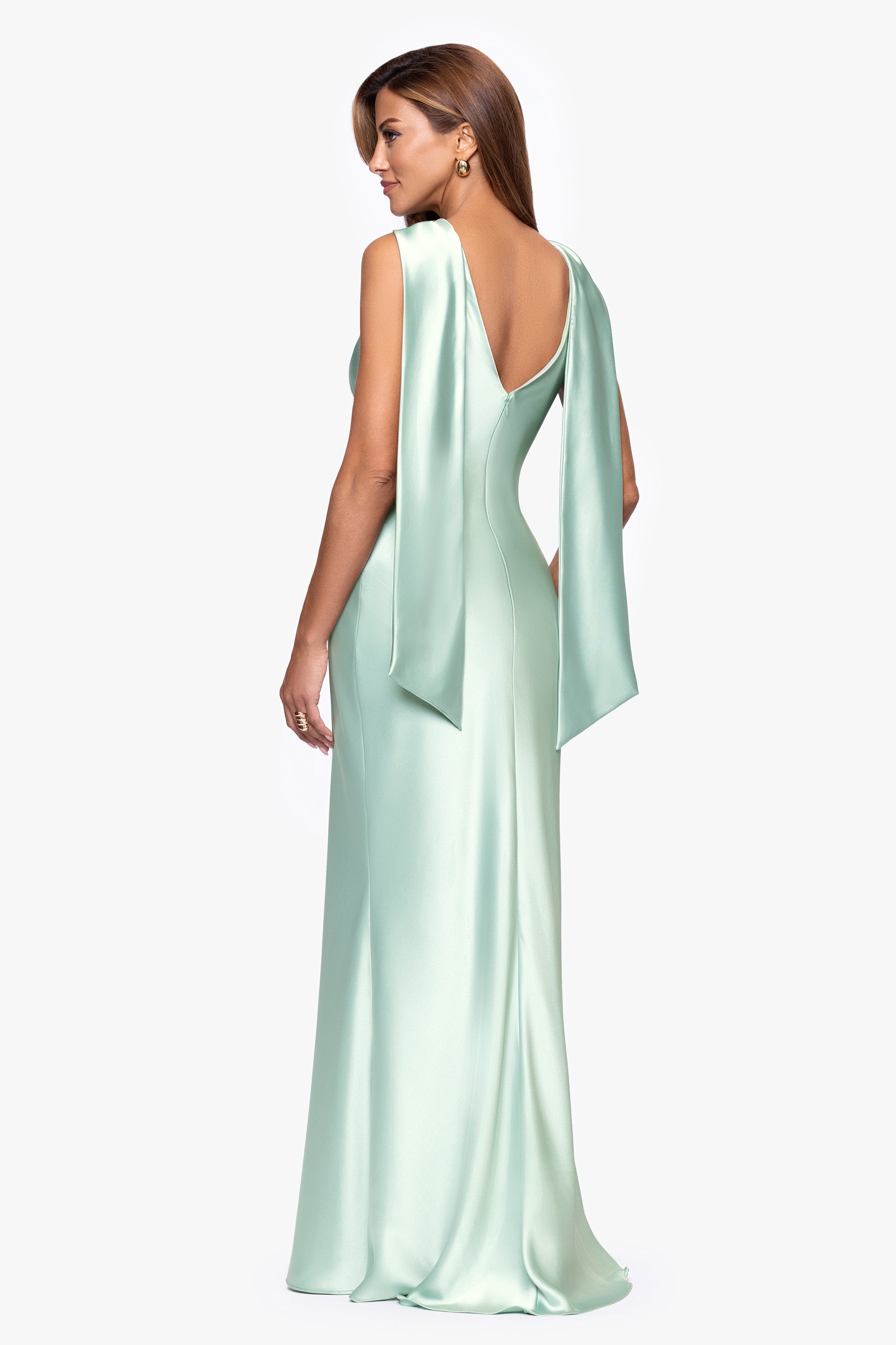 "Mackenzie" Satin Back Sash Floor Length Dress