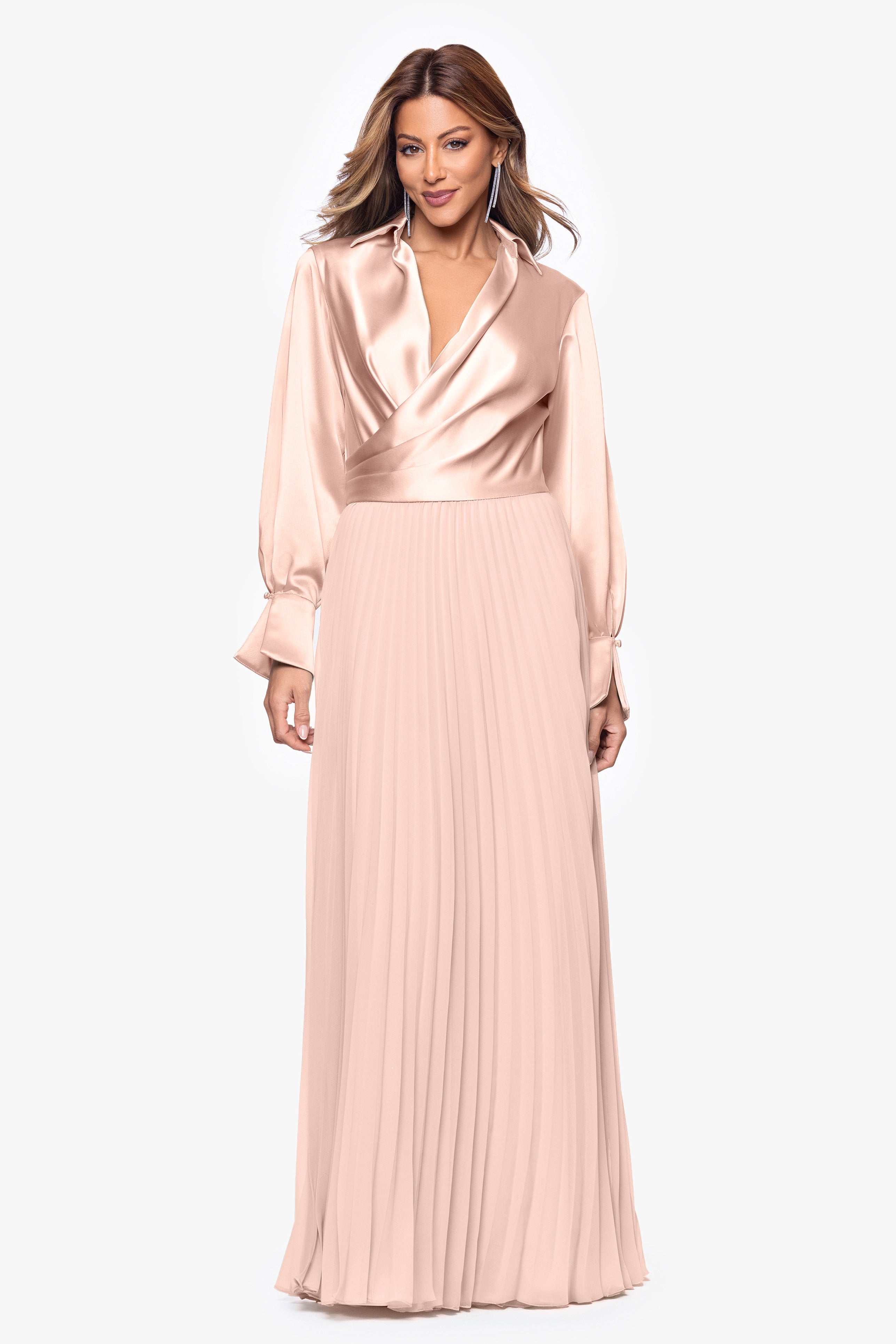 Brooke Satin and Chiffon Long Sleeve Floor Length Dress | Xscape Evenings Rose/Gold / 4 Brooke Satin and Chiffon Long Sleeve Floor Length Dress | Xscape Evenings Rose/Gold / 4