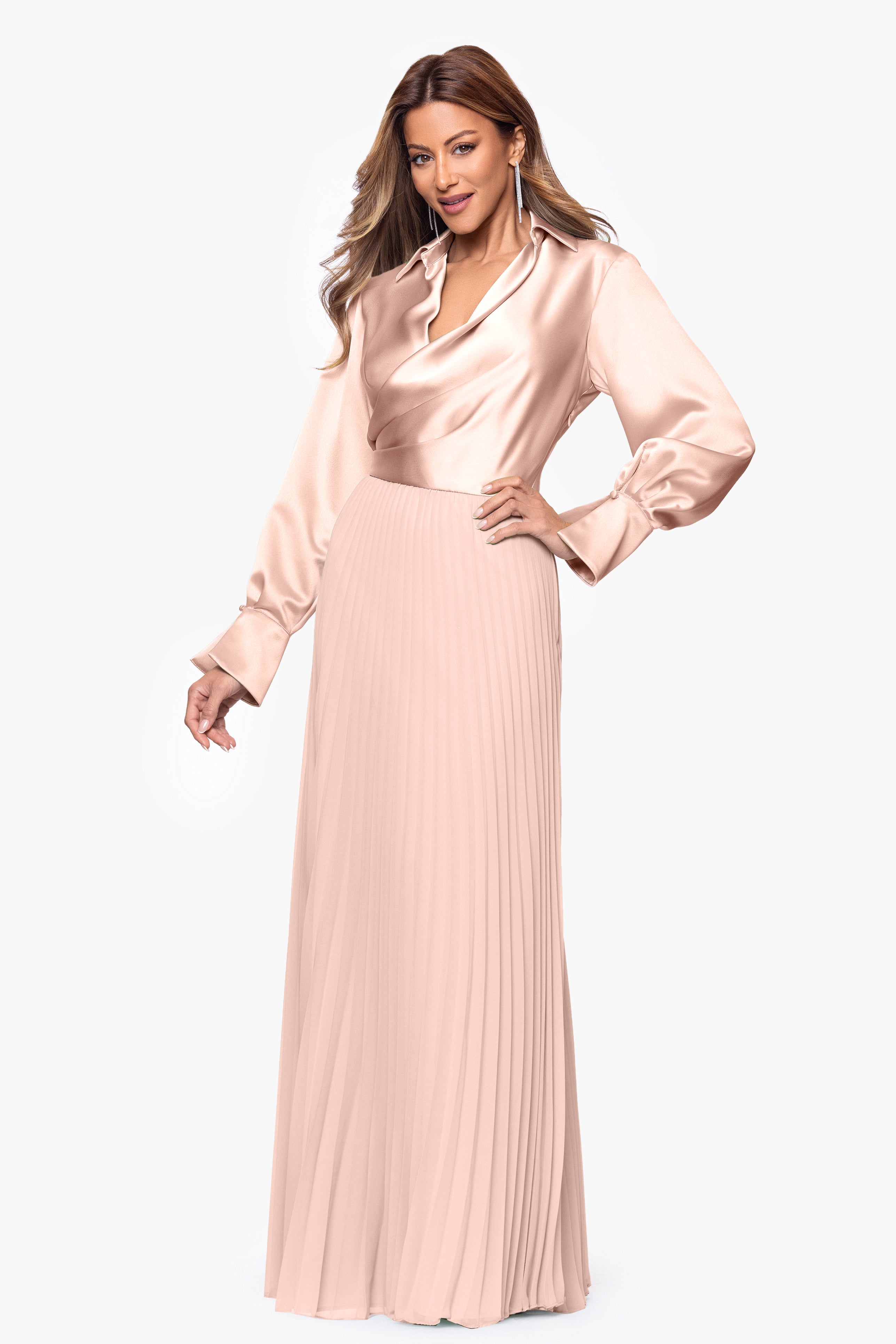 Brooke Satin and Chiffon Long Sleeve Floor Length Dress | Xscape Evenings Rose/Gold / 4 Brooke Satin and Chiffon Long Sleeve Floor Length Dress | Xscape Evenings Rose/Gold / 4
