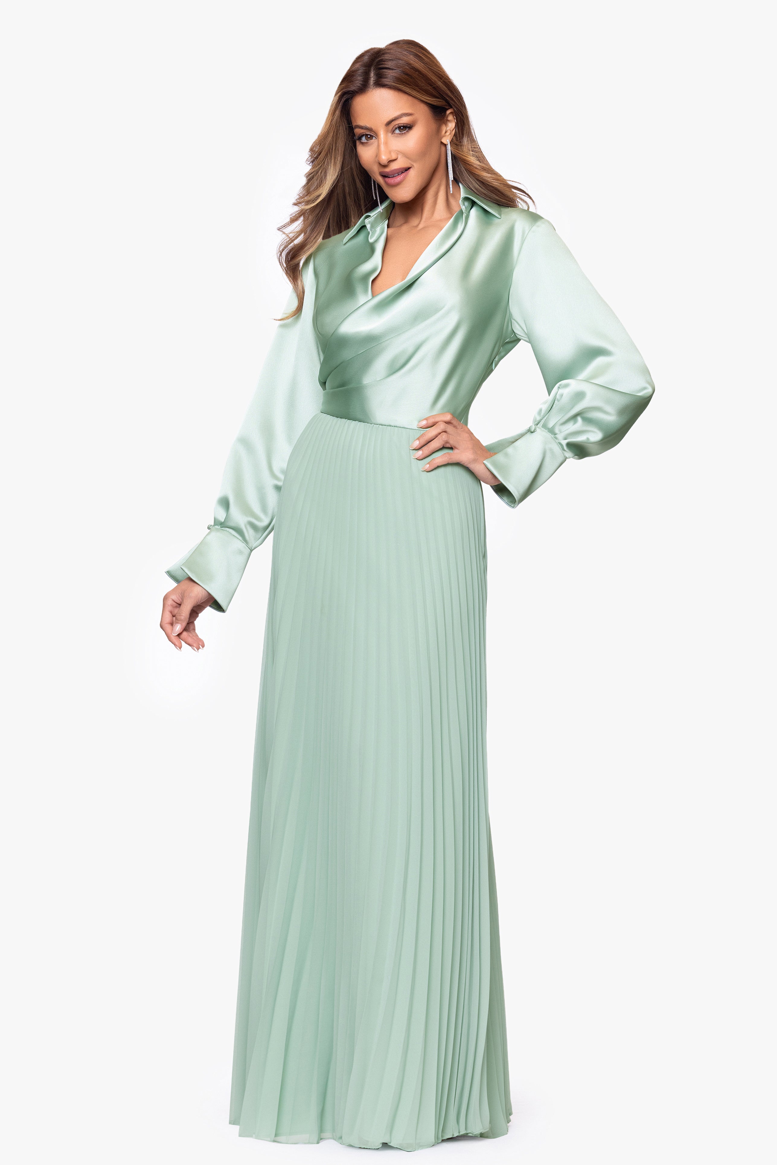 Xscape Women's Long Sleeve Satin Gown, Sage, 10