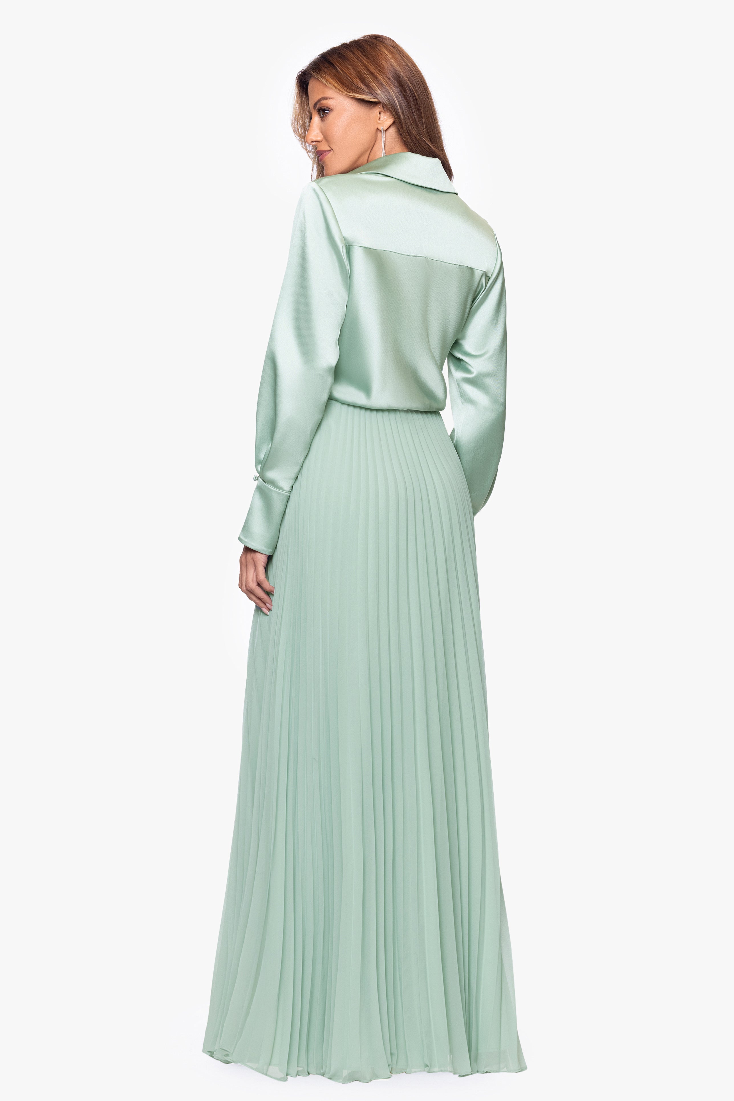 Brooke" Satin and Chiffon Long Sleeve Floor Length Dress | Xscape Evenings Brooke" Satin and Chiffon Long Sleeve Floor Length Dress | Xscape Evenings