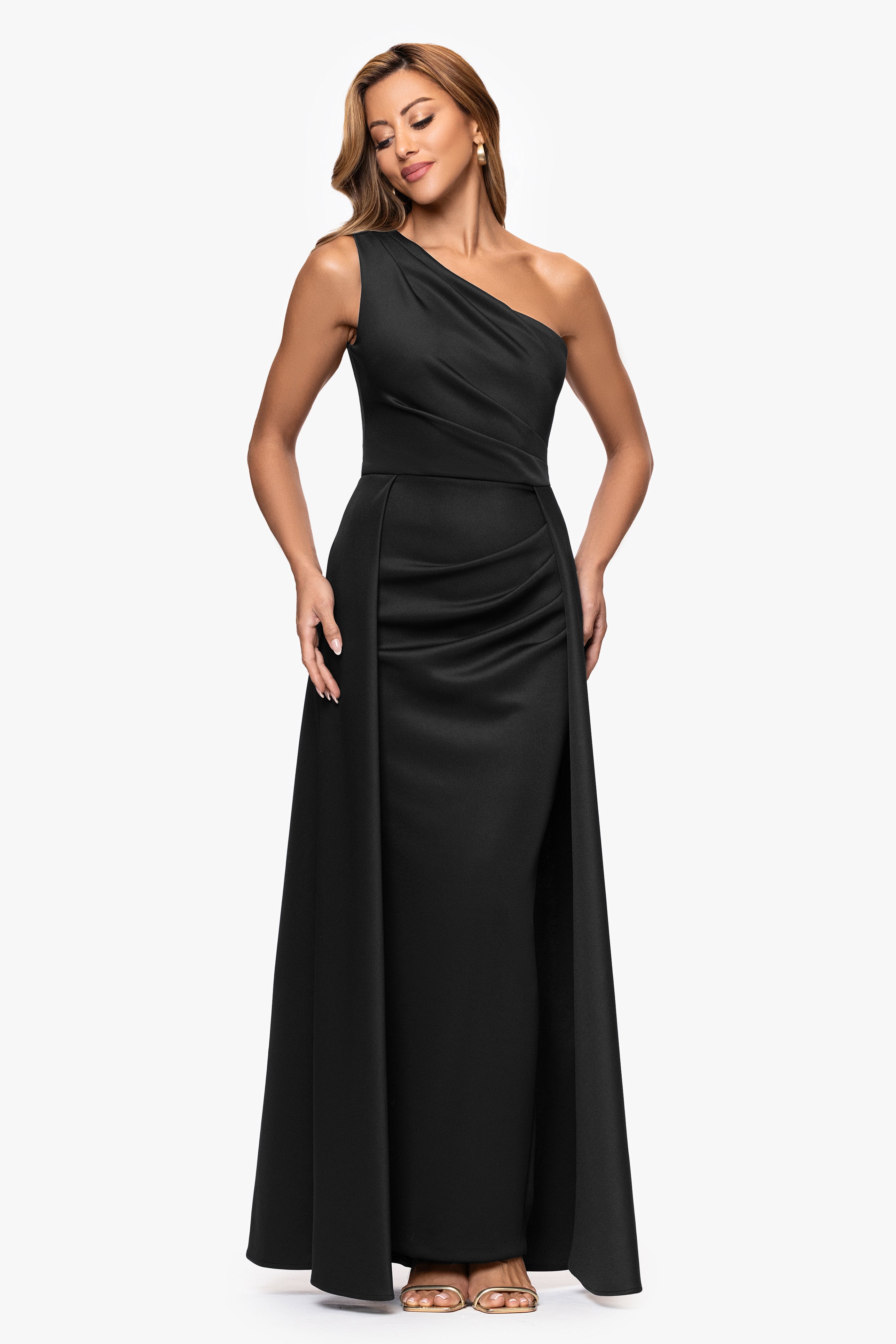 "Jalen" Techno Scuba One Shoulder Back Drape Floor Length Dress