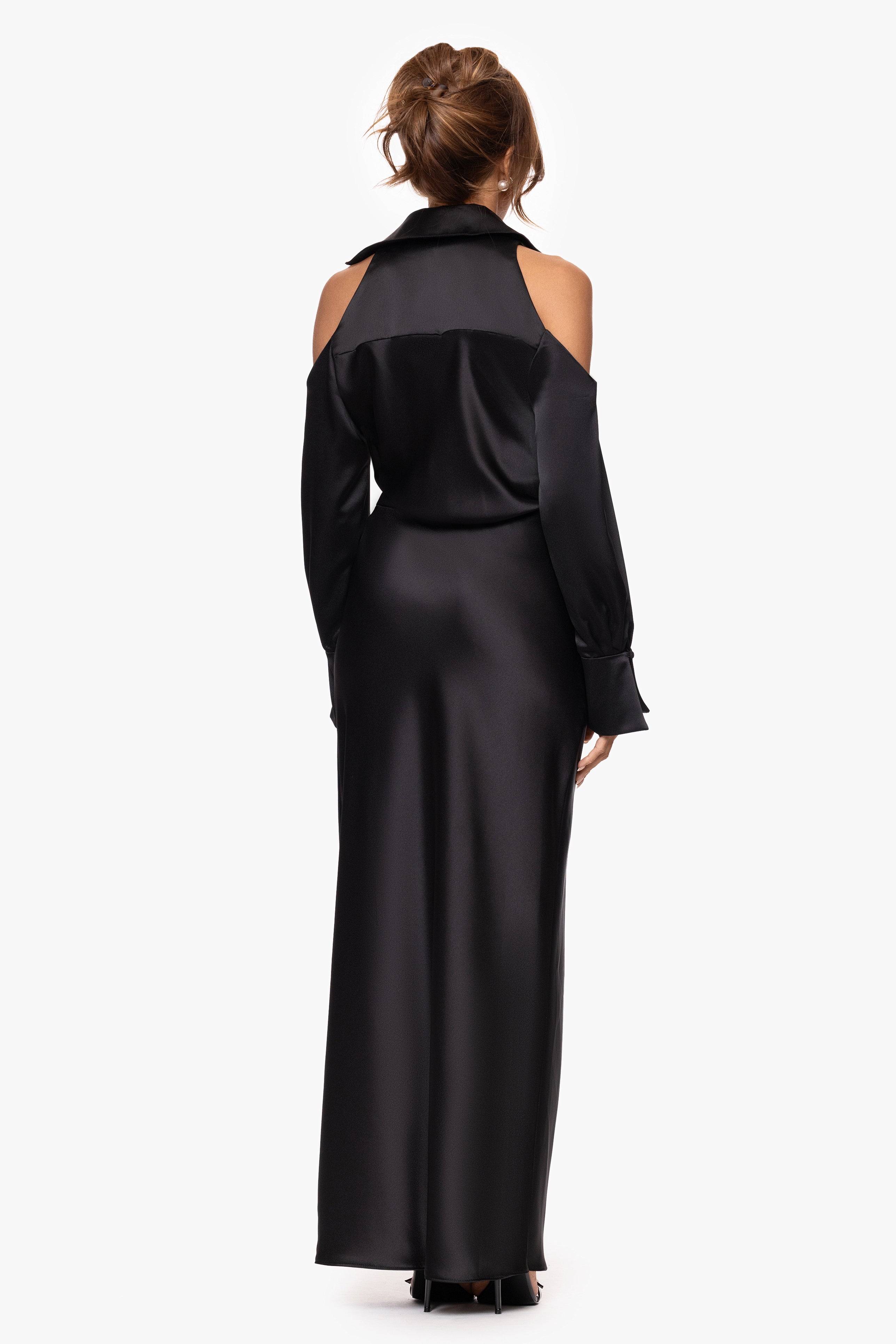 "Raya" Satin Cold Shoulder Collared Long Sleeve Dress