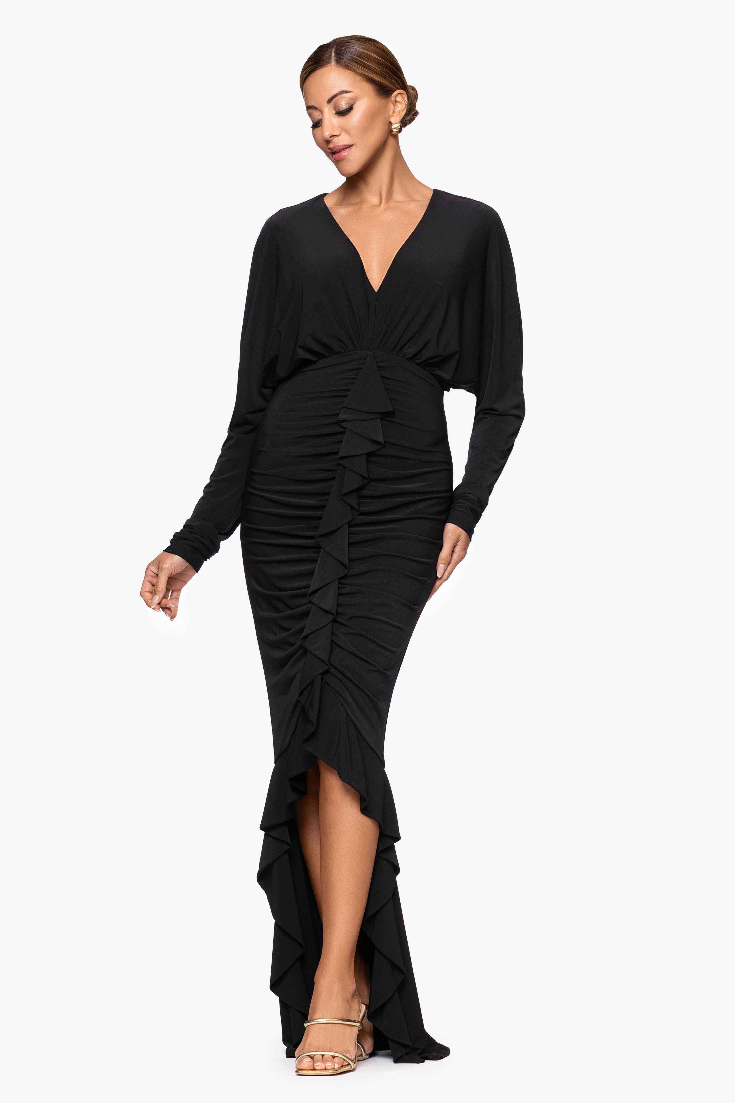 "Tia" Jersey Knit Rouched Floor Length Dress