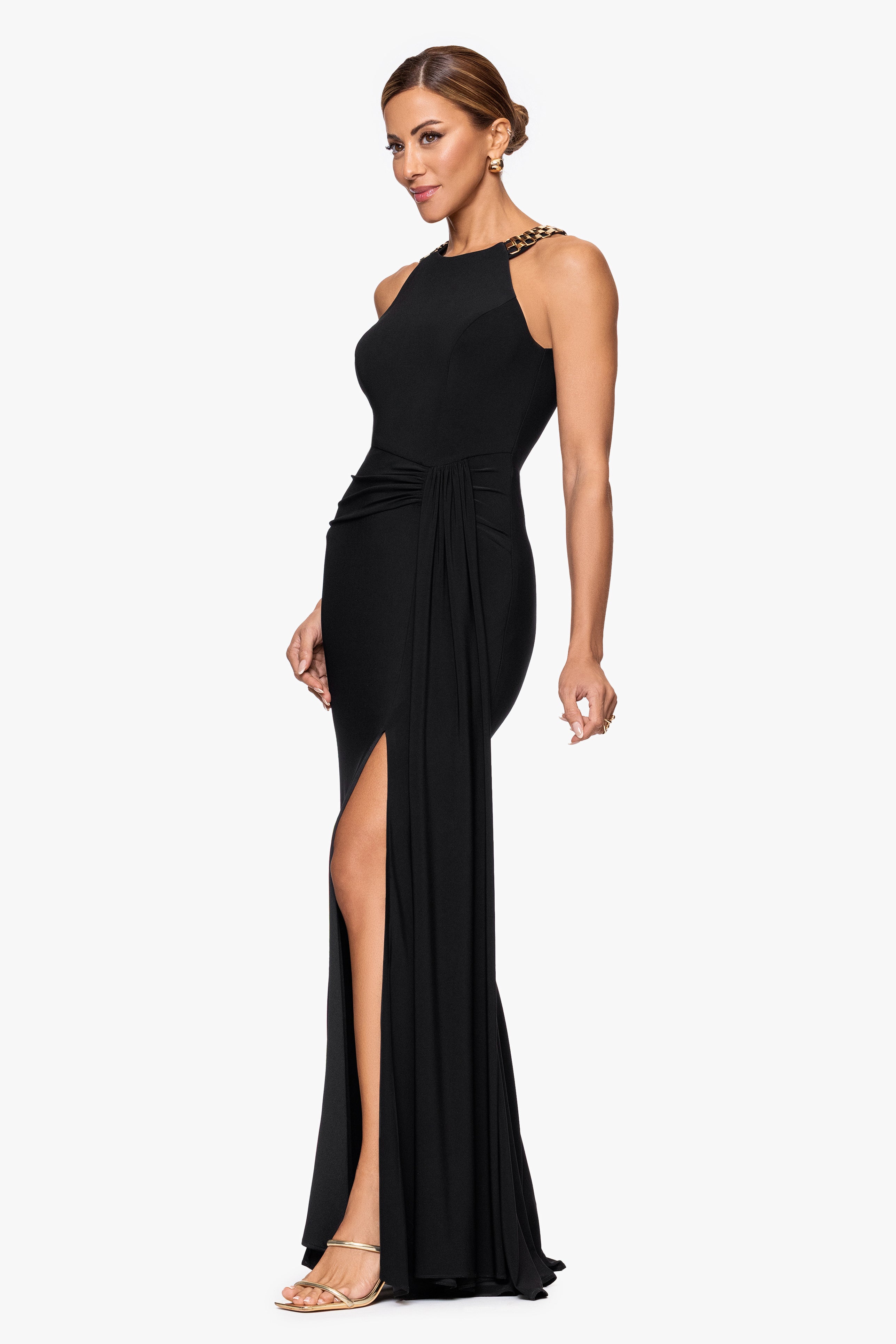 Petite "Malia" Jersey Knit Chain Embellished Floor Length Dress