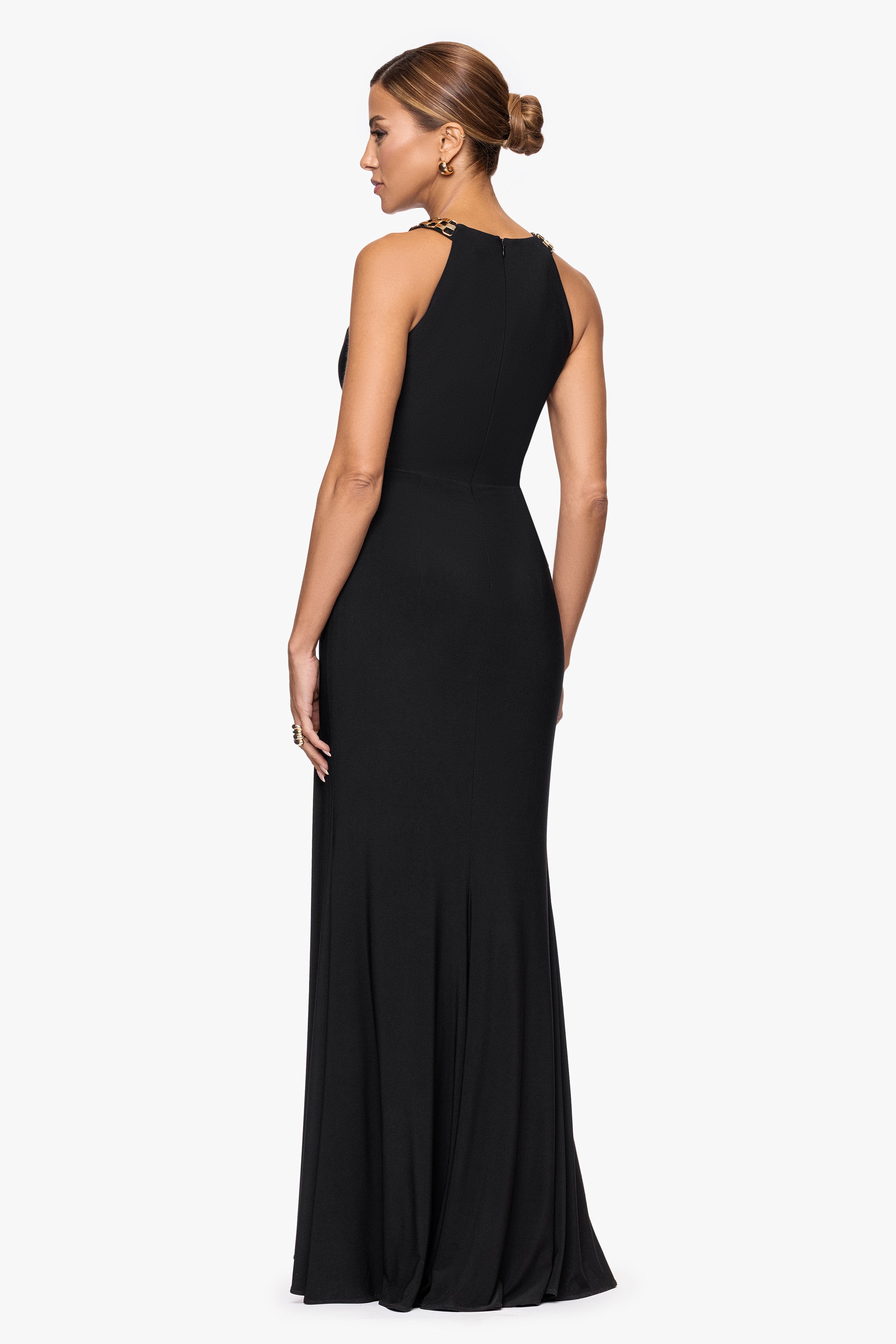 Petite "Malia" Jersey Knit Chain Embellished Floor Length Dress