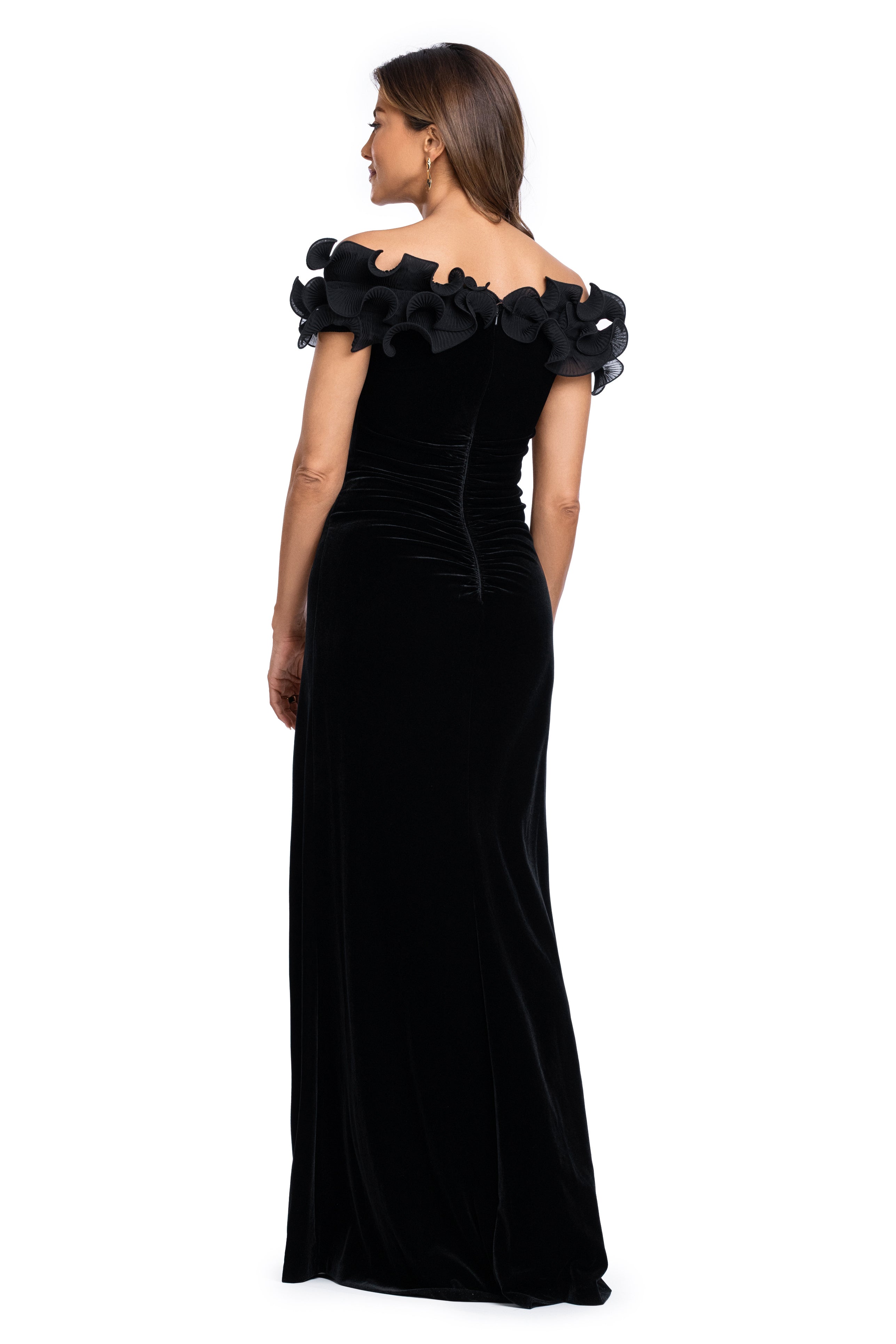 "Amora" Velvet Off The Shoulder Chiffon Ruffle Dress