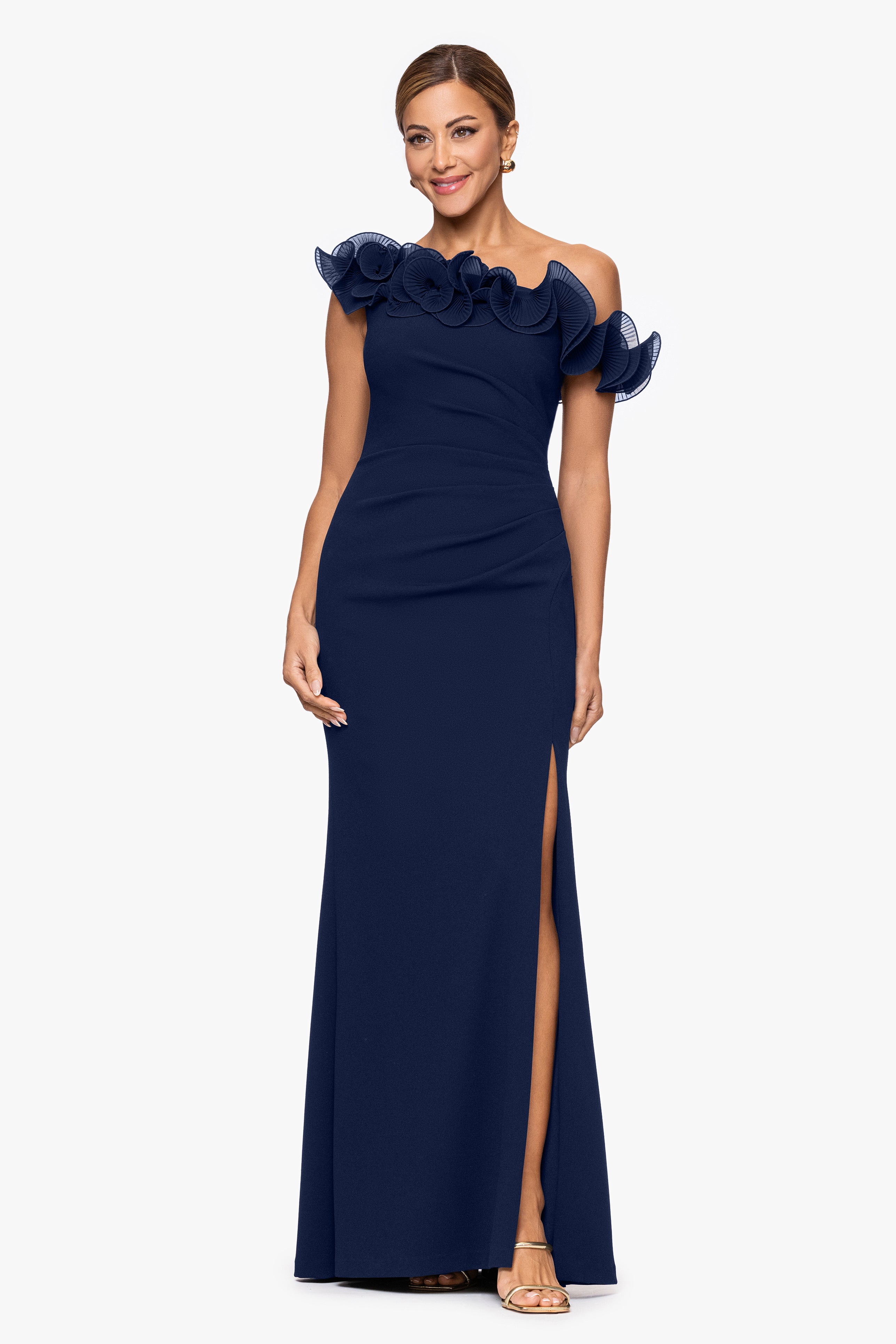 "Delilah" Scuba Crepe Drop Shoulder Chiffon Ruffle Dress