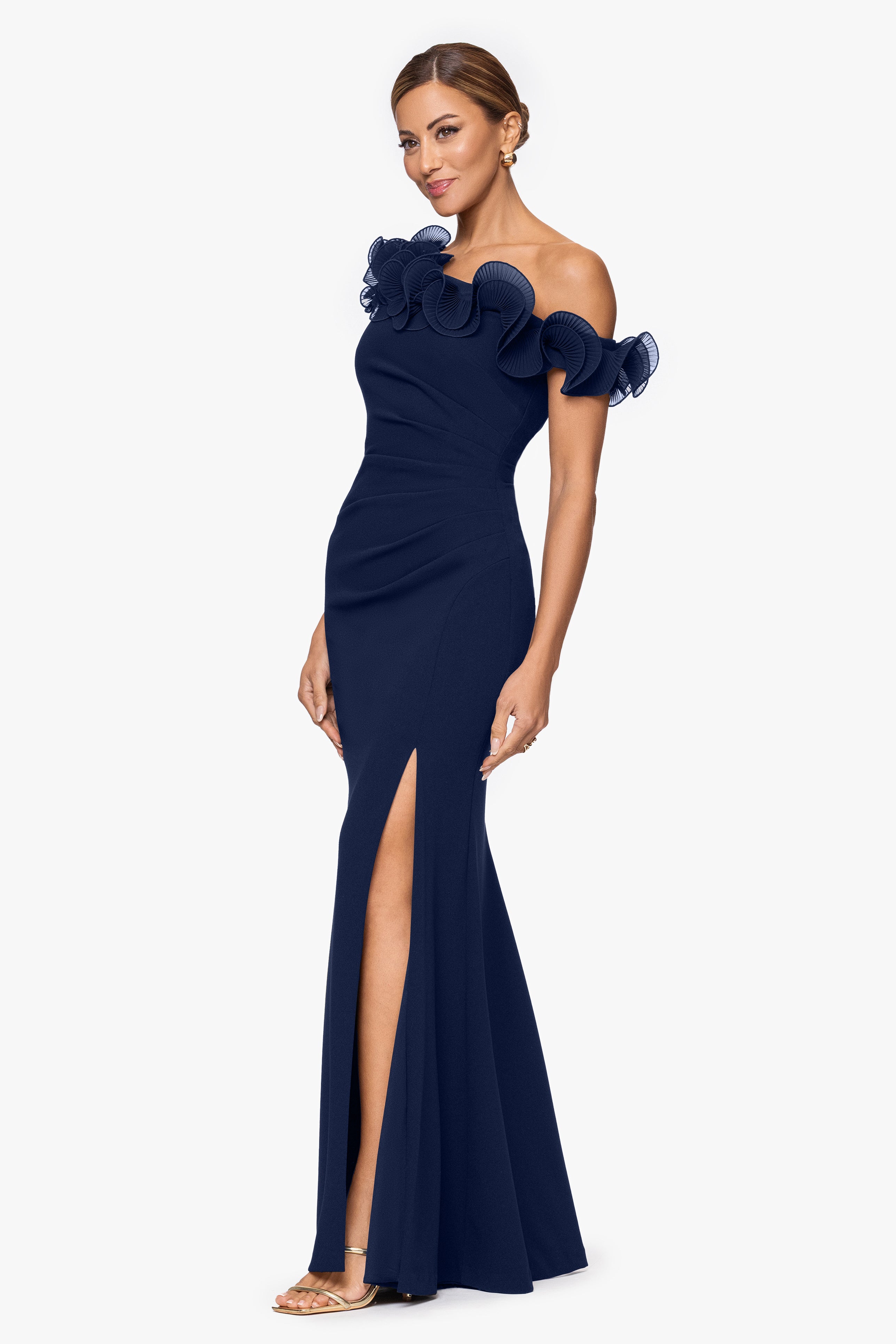 "Delilah" Scuba Crepe Drop Shoulder Chiffon Ruffle Dress