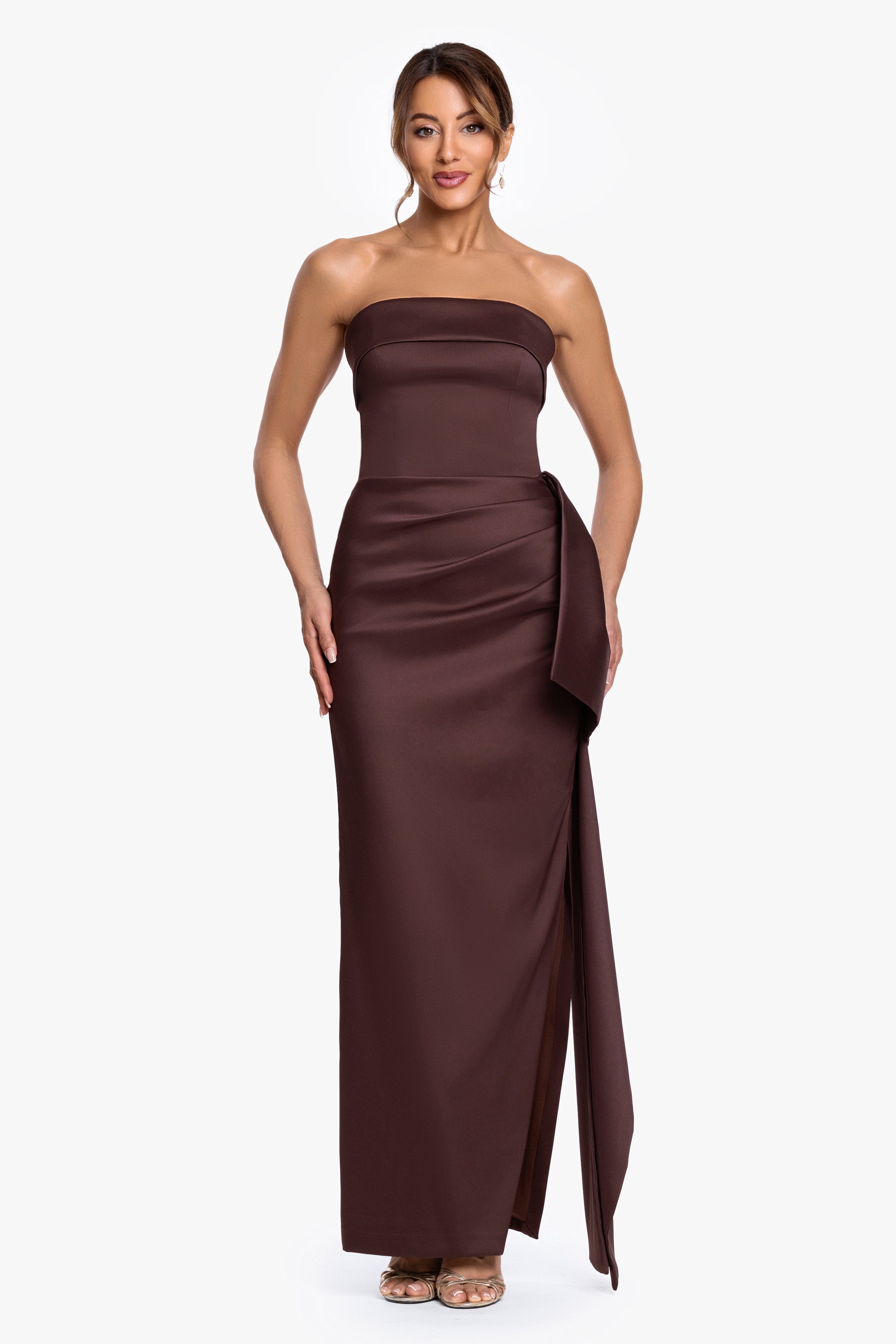 "Remi" Satin Strapless Side Ruffle Dress