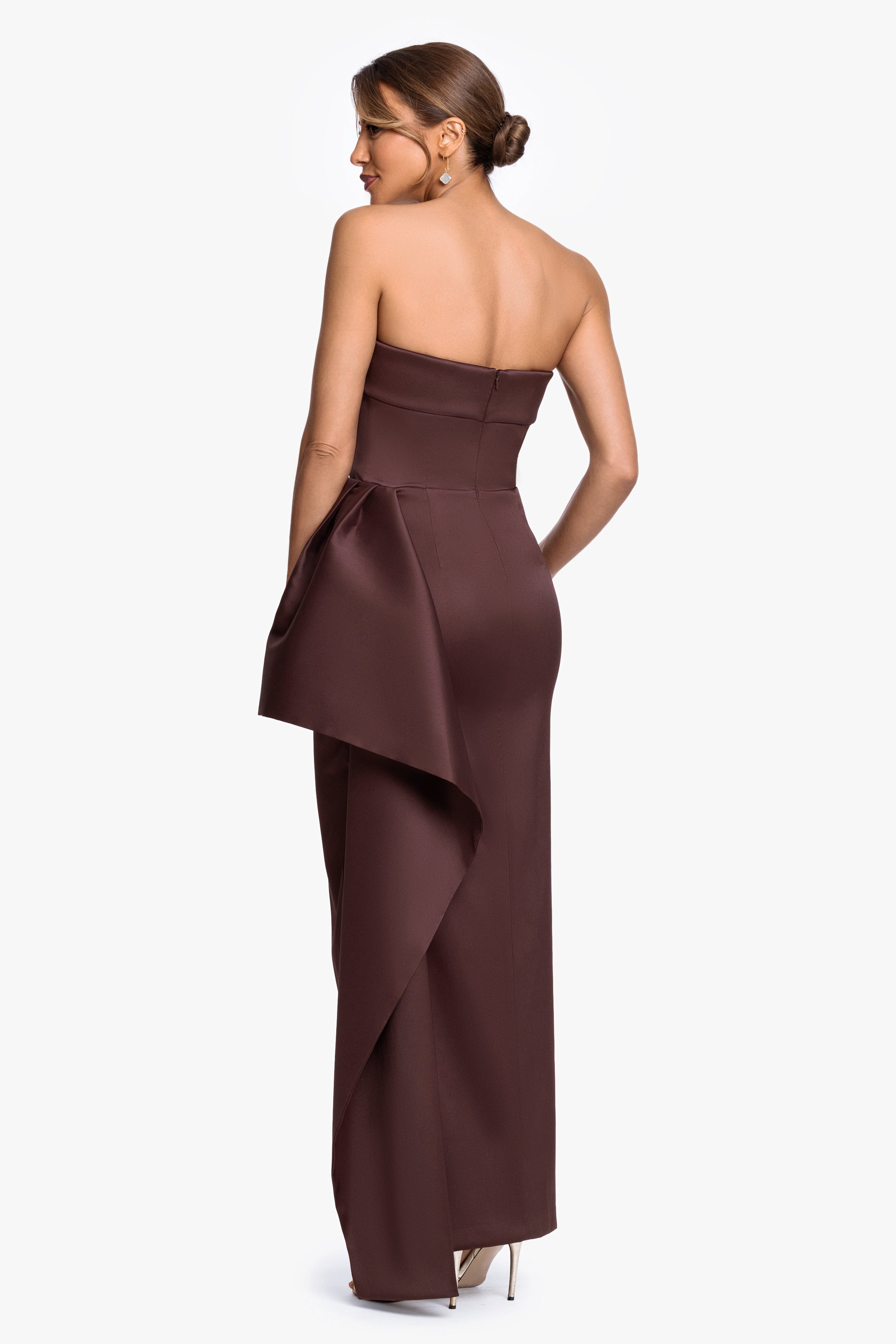 "Remi" Satin Strapless Side Ruffle Dress