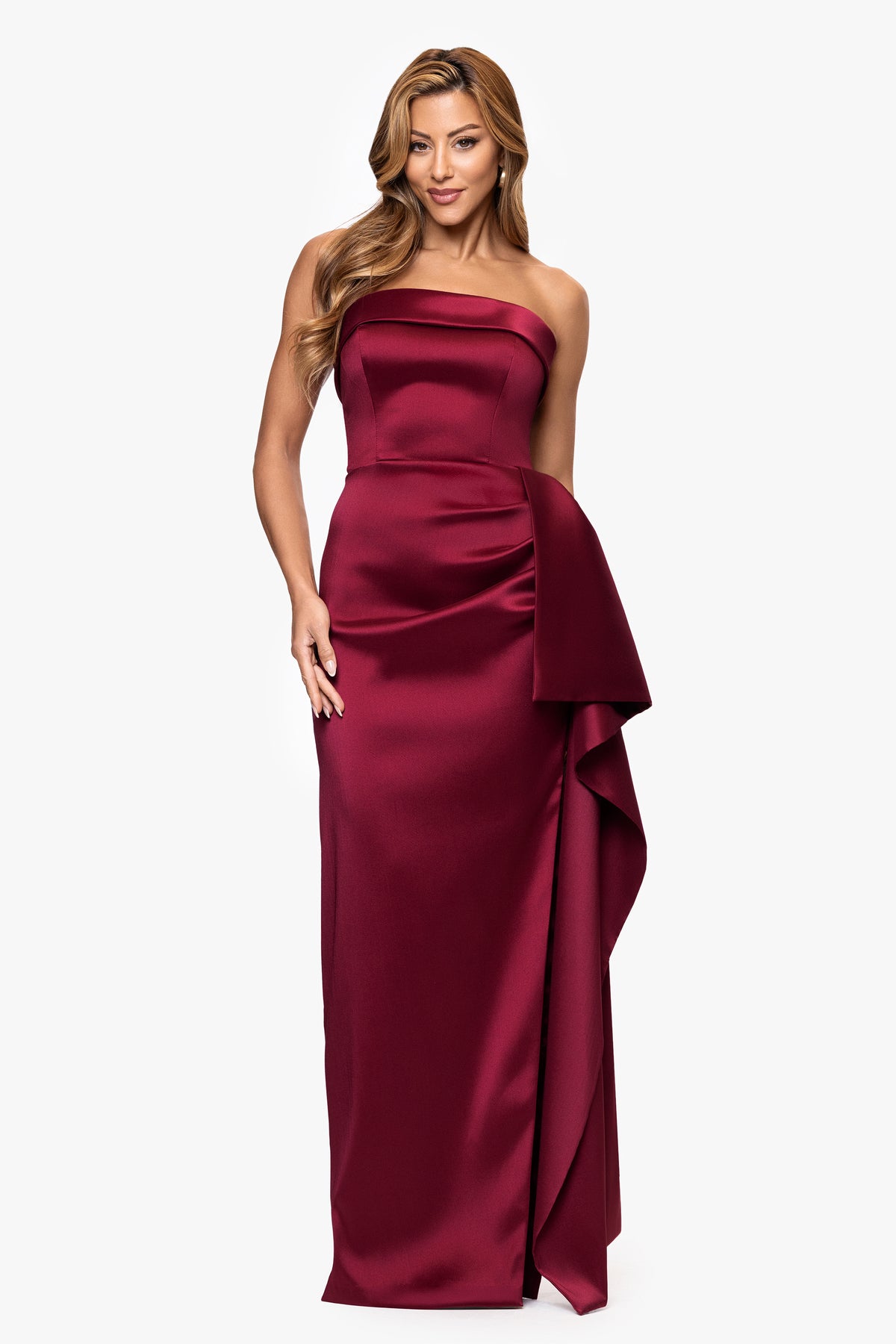 "Remi" Satin Strapless Side Ruffle Dress