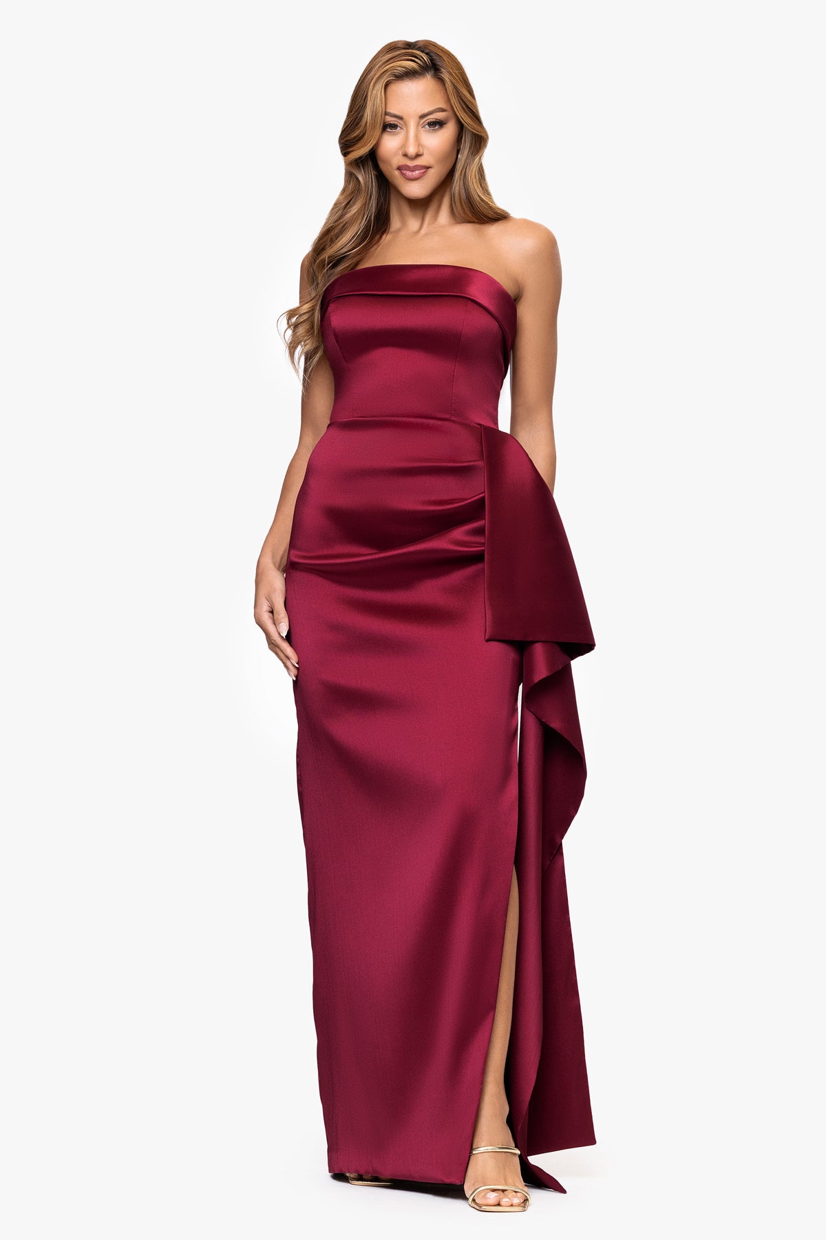 "Remi" Satin Strapless Side Ruffle Dress
