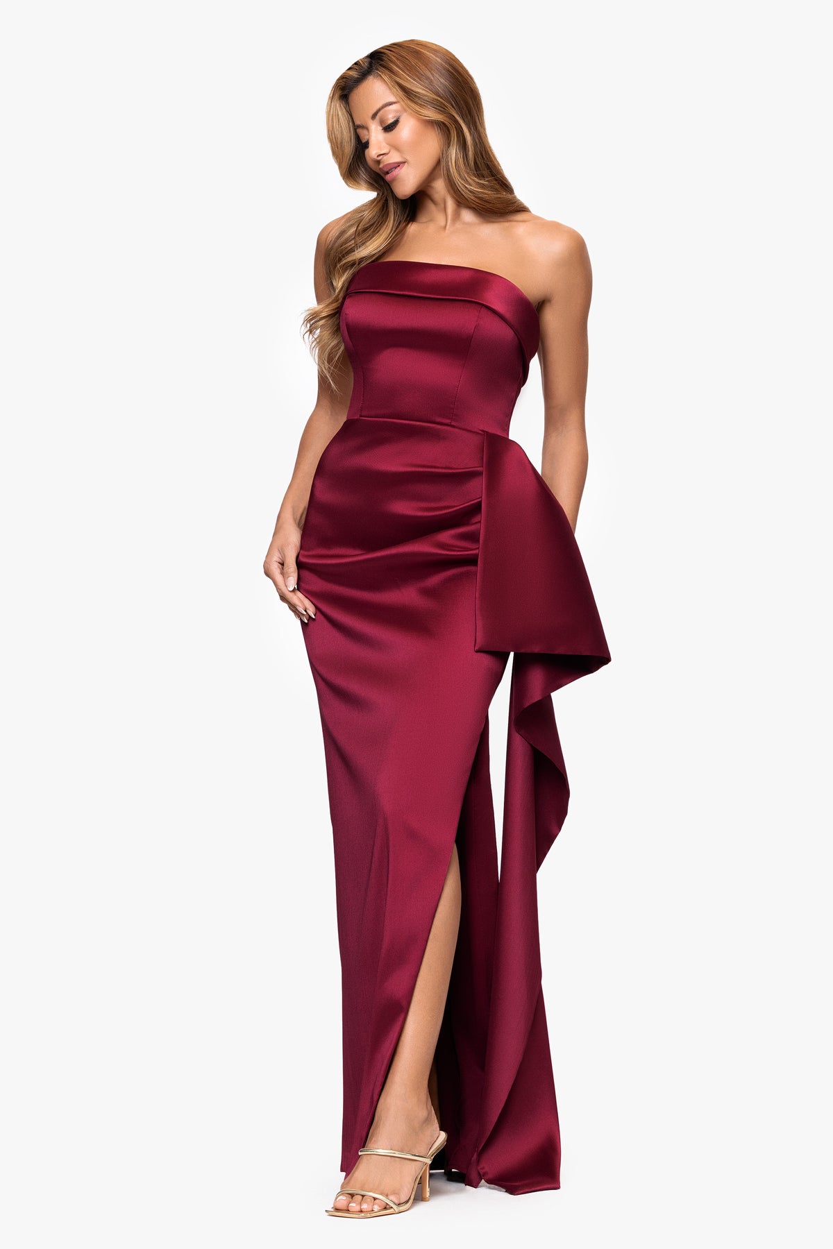 "Remi" Satin Strapless Side Ruffle Dress