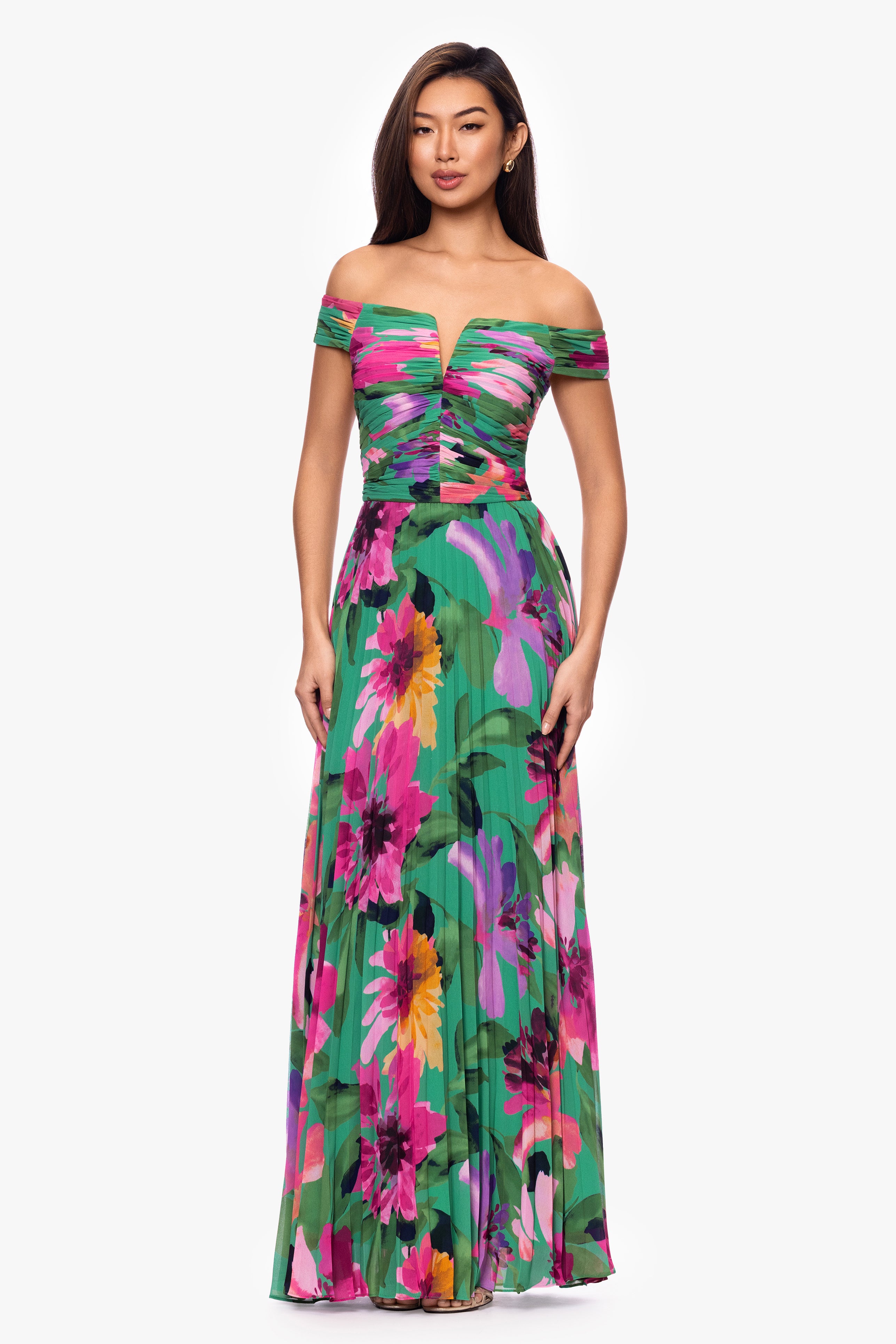 "Eileen" Chiffon Print Pleated Off The Shoulder Floor Length Dress