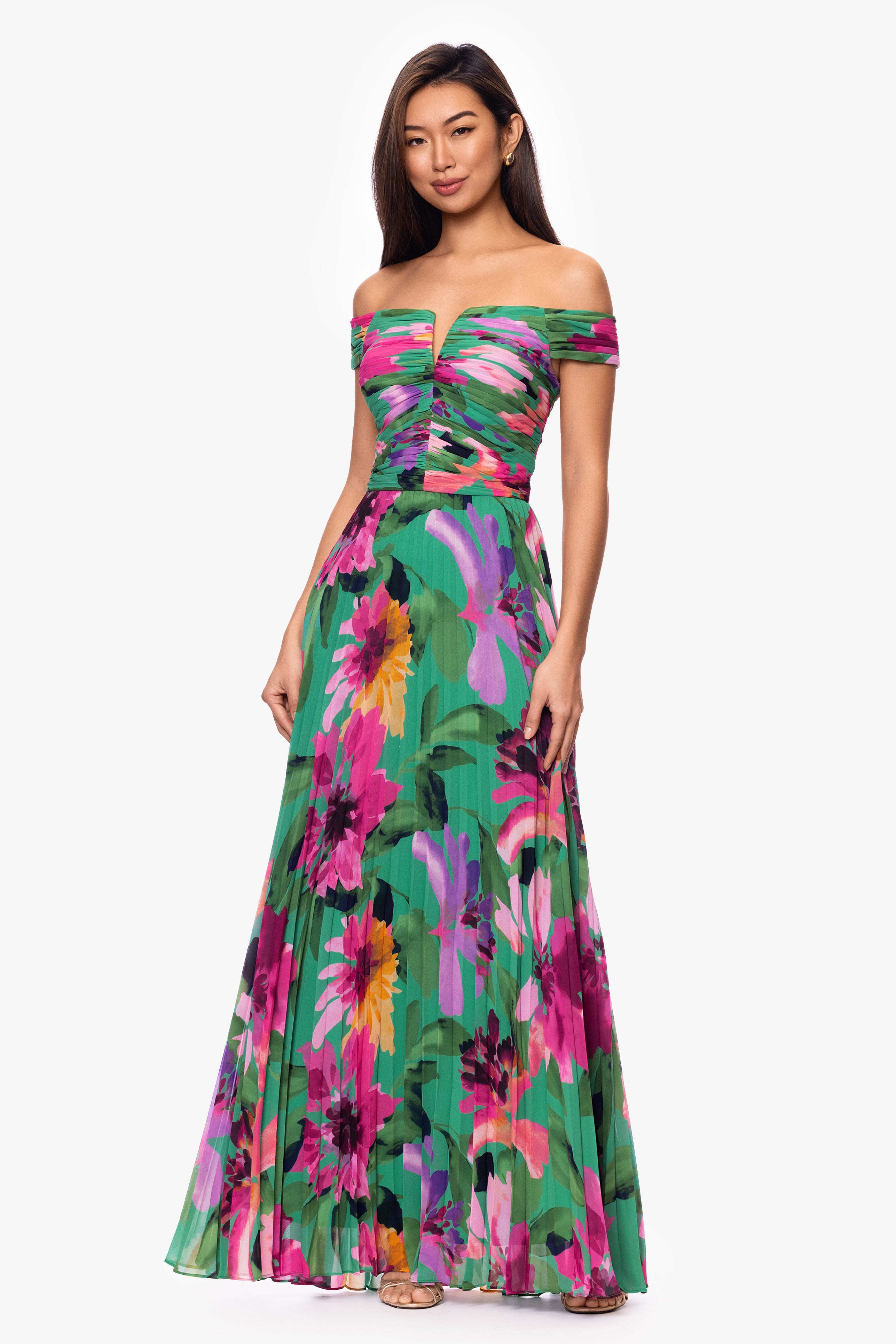 "Eileen" Chiffon Print Pleated Off The Shoulder Floor Length Dress