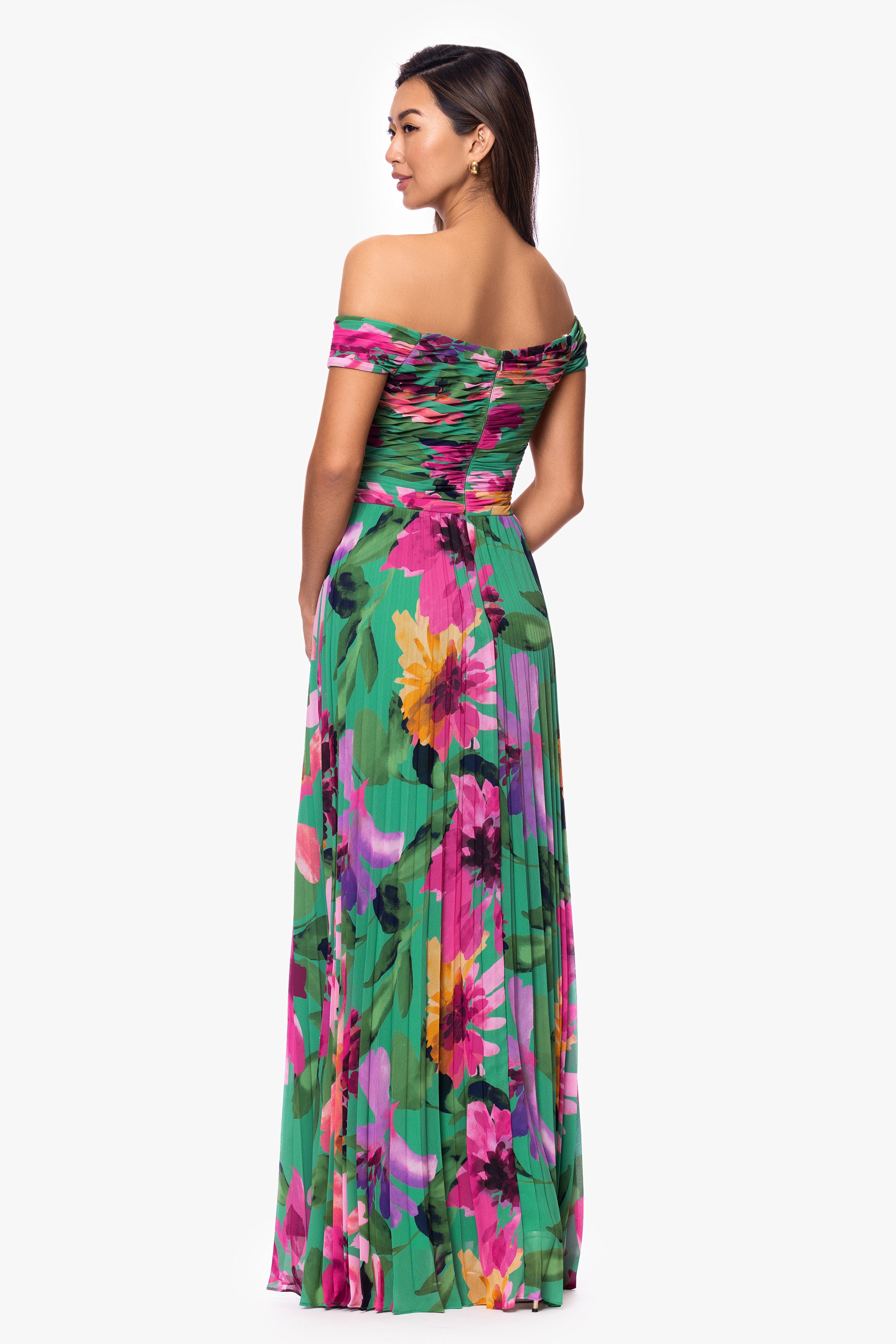 "Eileen" Chiffon Print Pleated Off The Shoulder Floor Length Dress