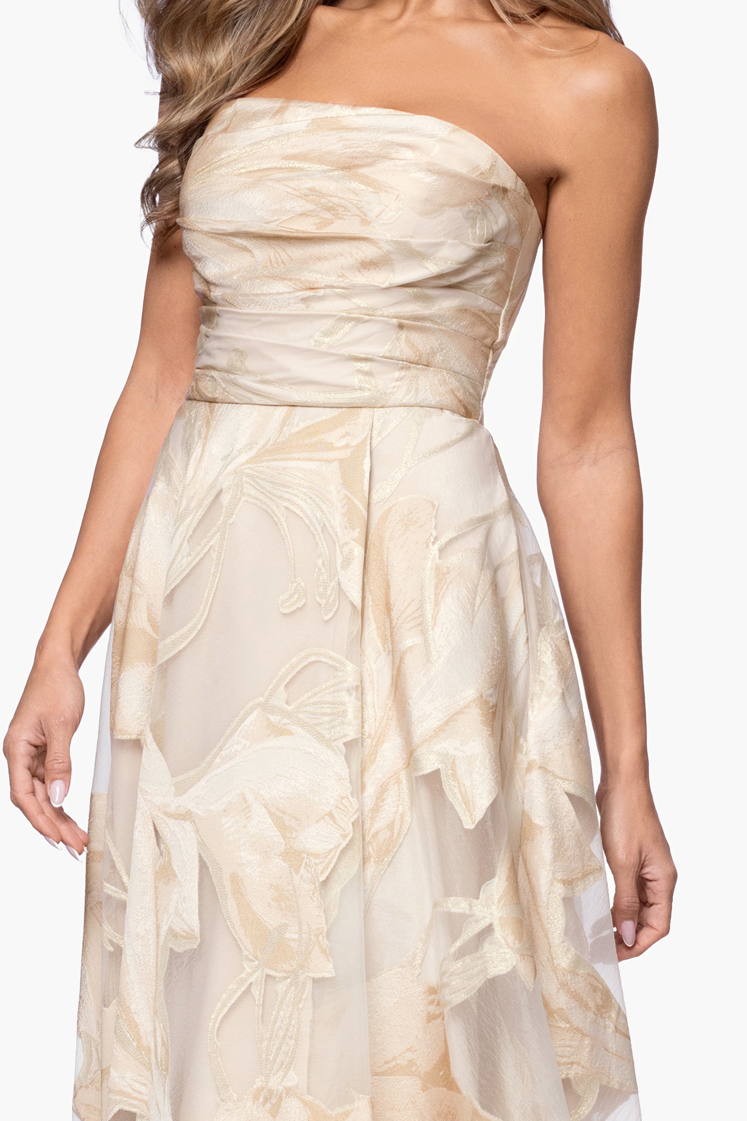 "Shania" Jacquard Strapless Floor Length Dress