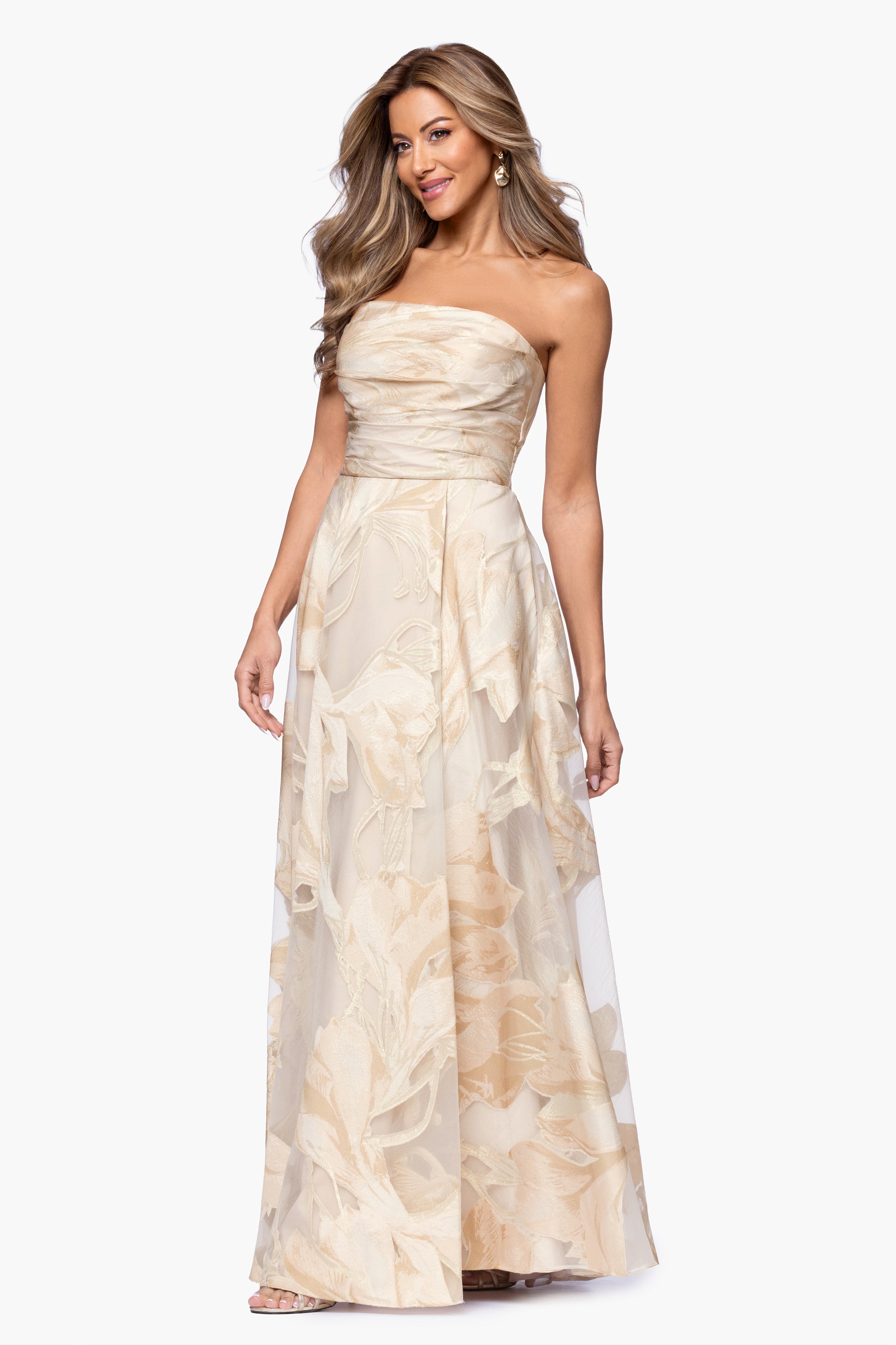 "Shania" Jacquard Strapless Floor Length Dress