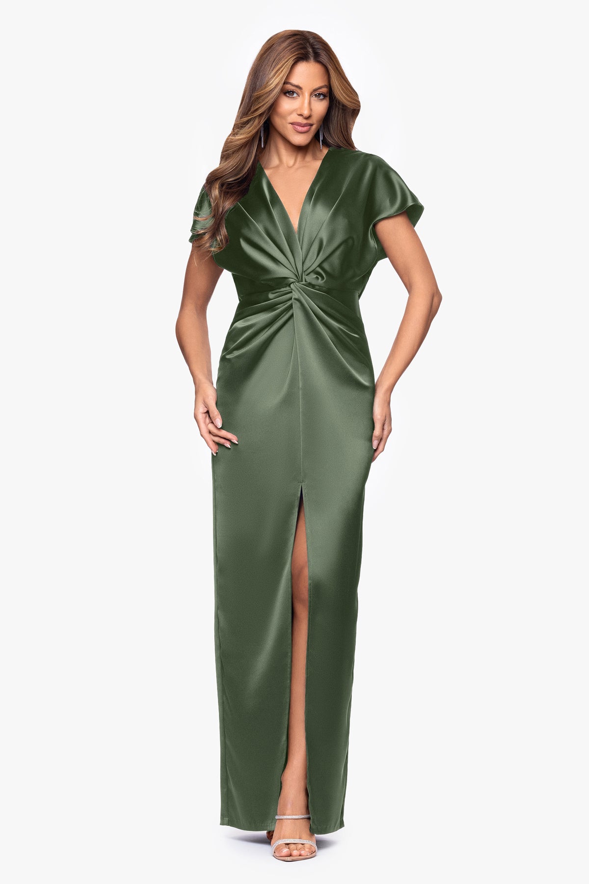 "Evelyn" Satin Short Sleeve V Neck Tie Dress