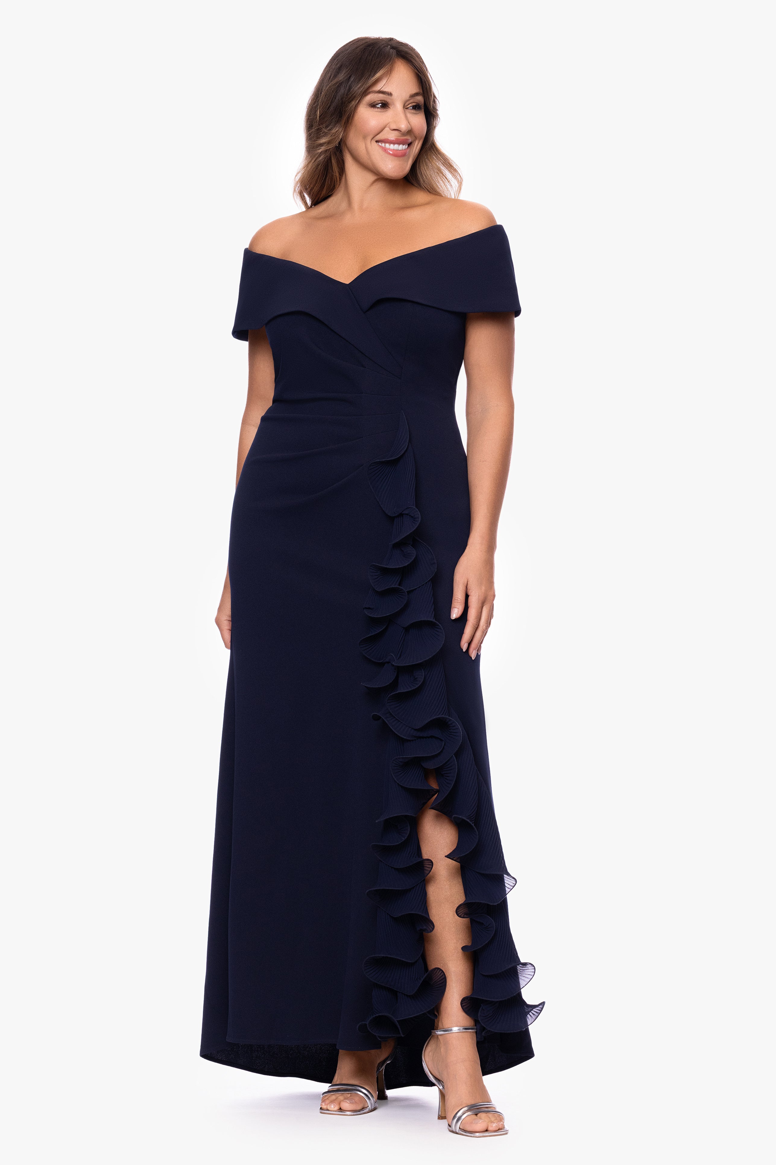 Plus "Sara" Scuba Crepe with Chiffon Ruffle Floor Length Dress