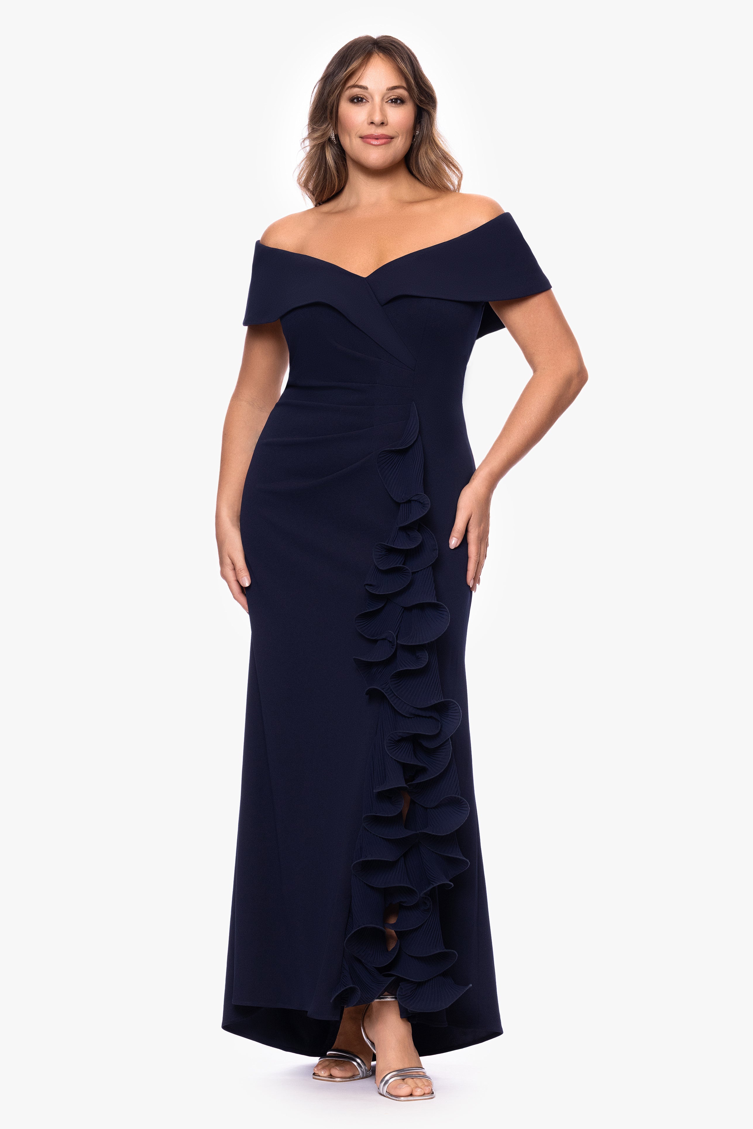 Plus "Sara" Scuba Crepe with Chiffon Ruffle Floor Length Dress