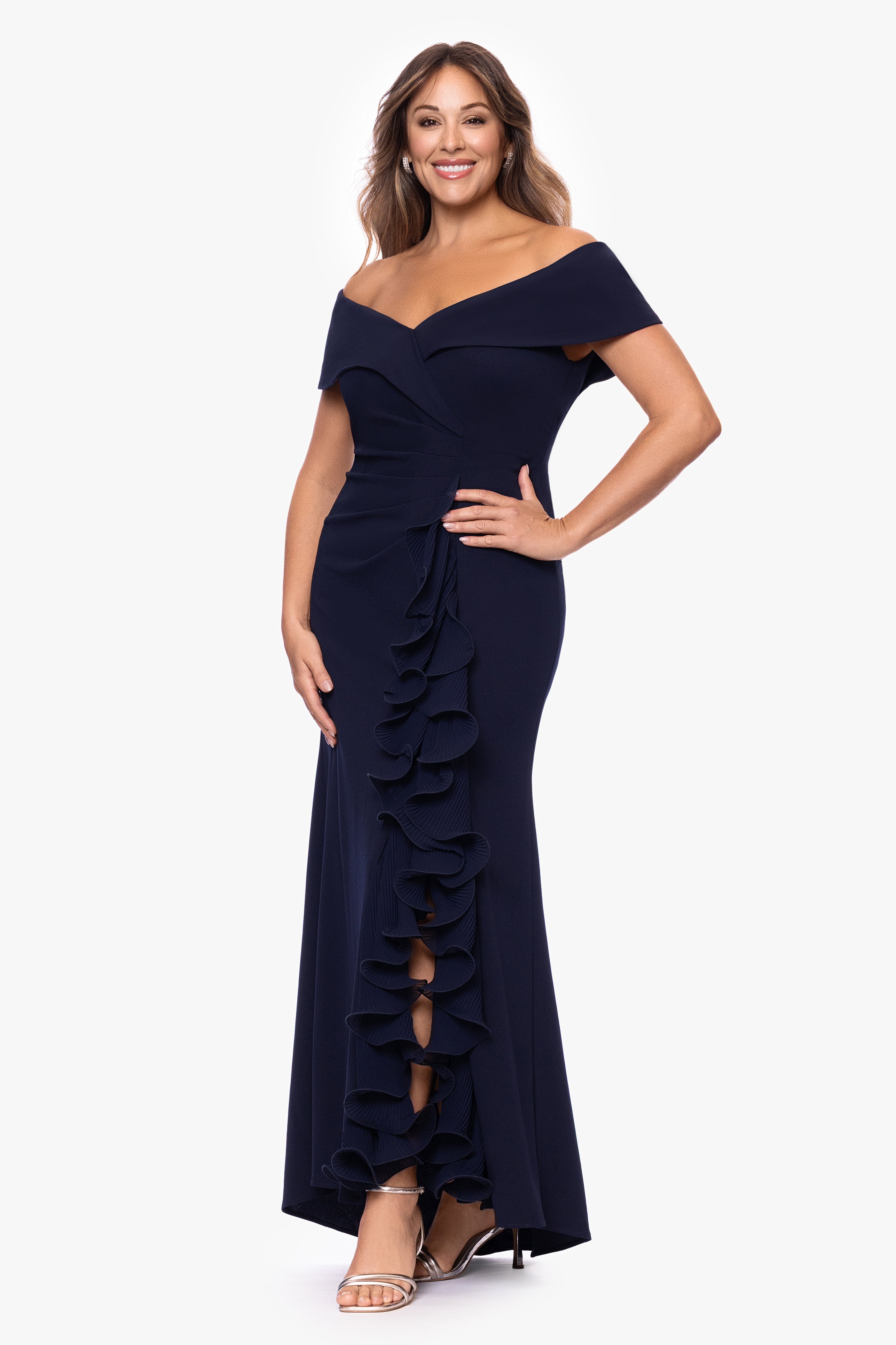 Plus "Sara" Scuba Crepe with Chiffon Ruffle Floor Length Dress