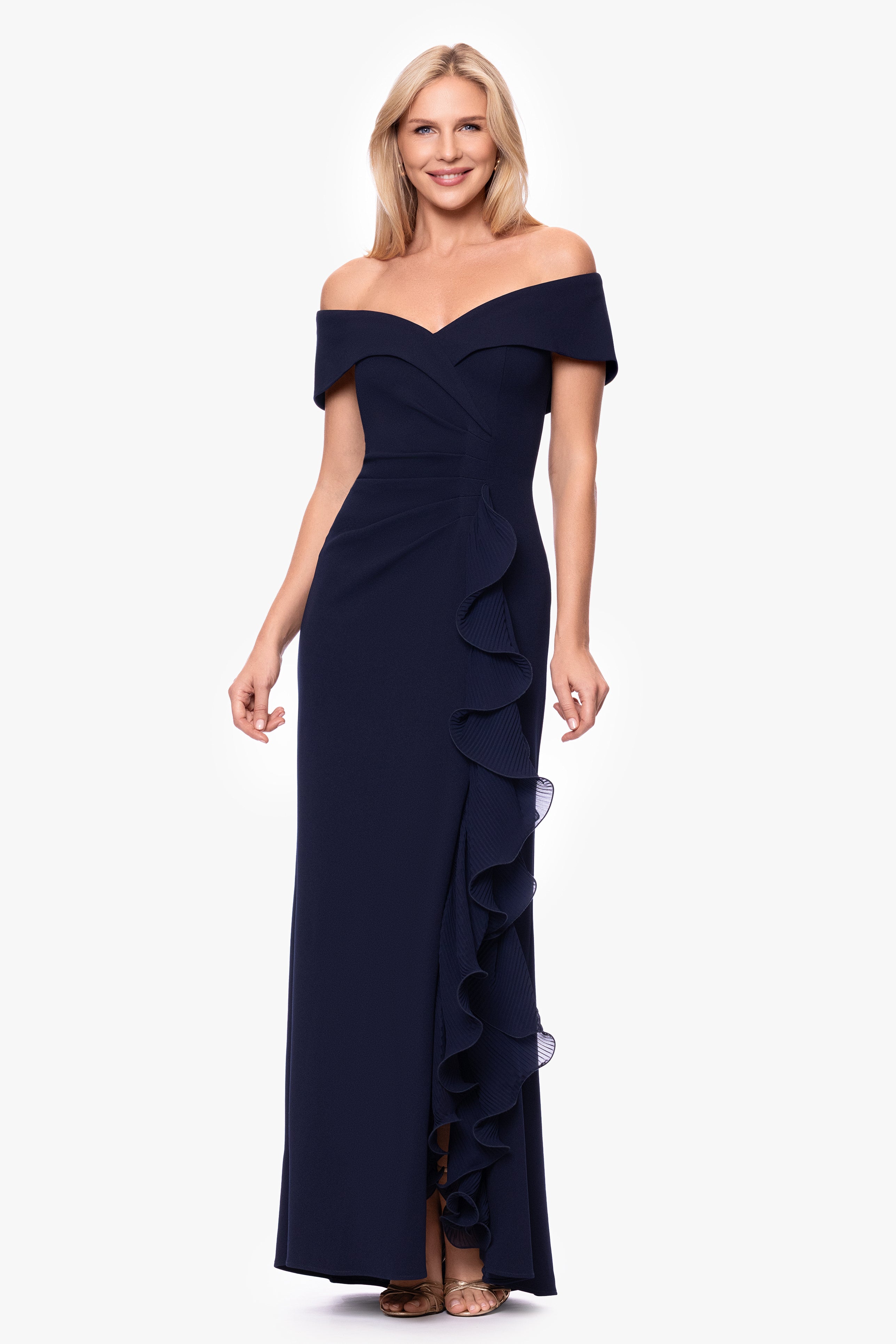 "Sara" Scuba Crepe with Chiffon Ruffle Floor Length Dress