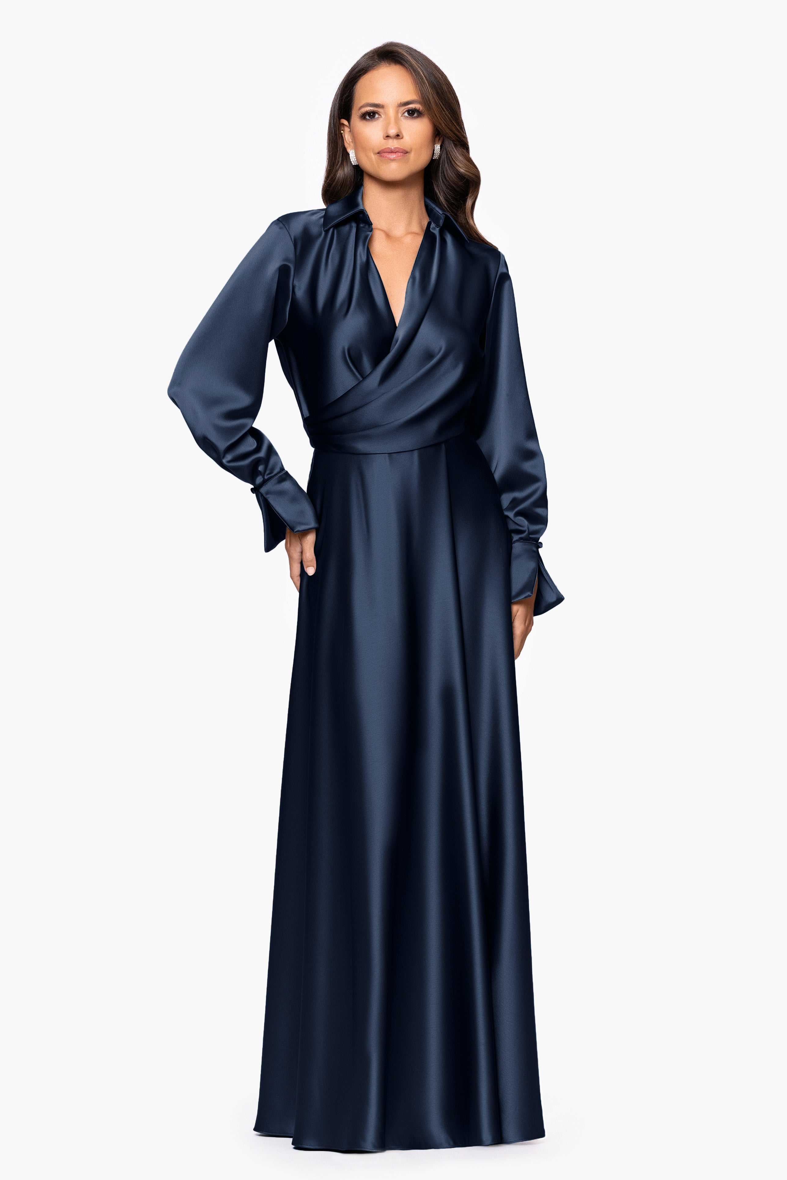Kelandra Satin Collared V-Neck Long Sleeve Floor Length Dress | Xscape Evenings Olive / 16