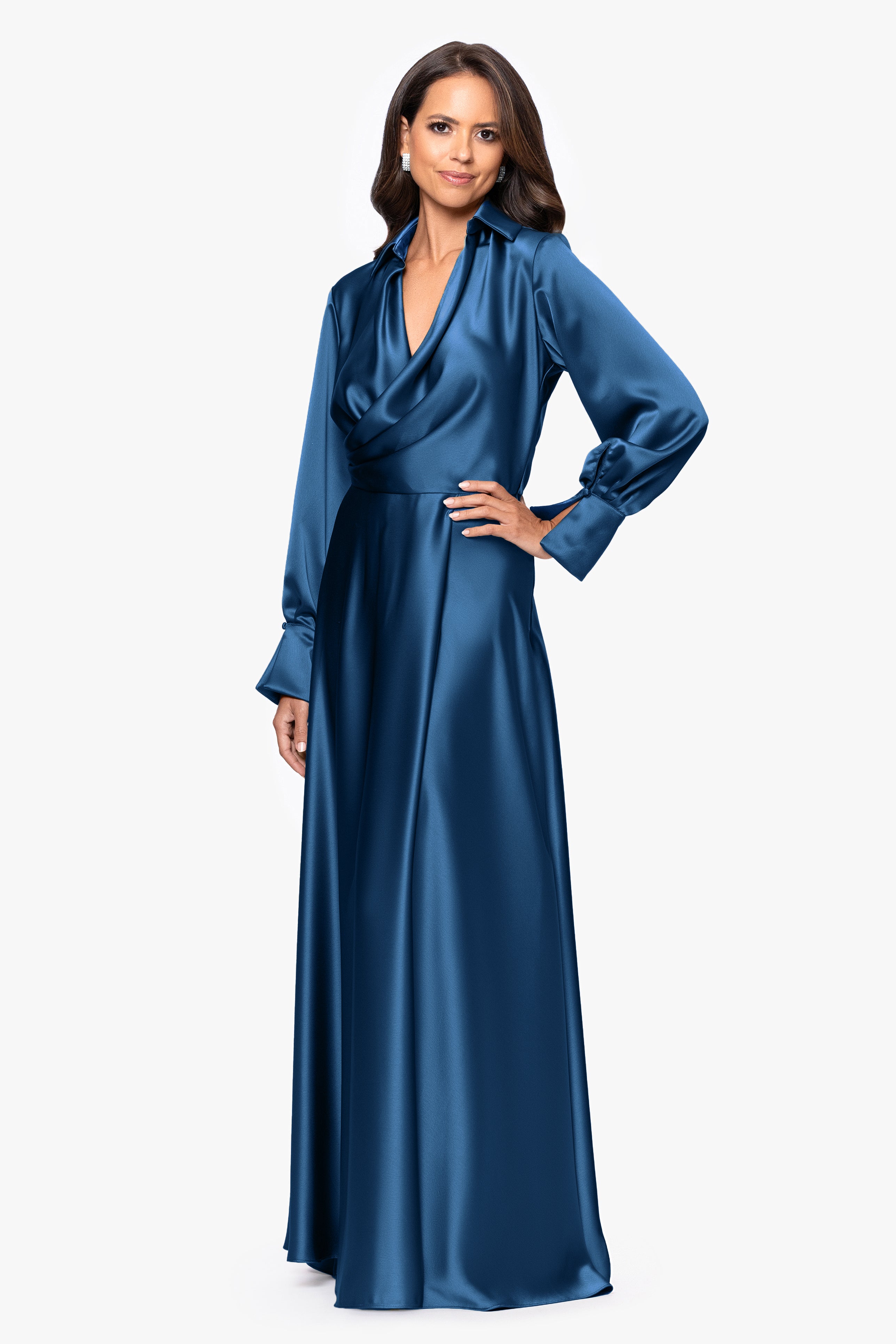 "Kelandra" Satin Collared V-Neck Long Sleeve Floor Length Dress