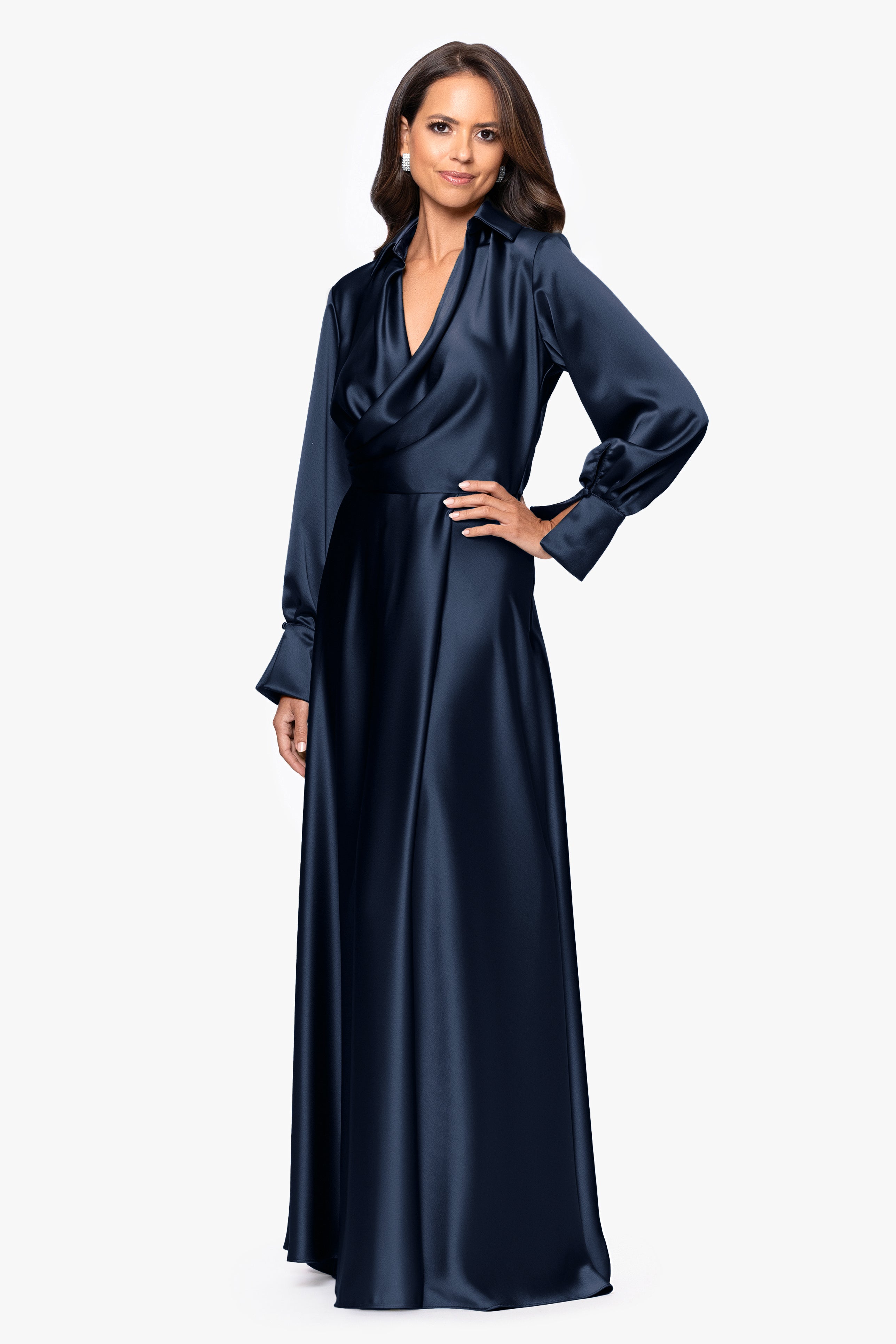 Kelandra Satin Collared V-Neck Long Sleeve Floor Length Dress | Xscape Evenings Olive / 16 Kelandra Satin Collared V-Neck Long Sleeve Floor Length Dress | Xscape Evenings Olive / 16
