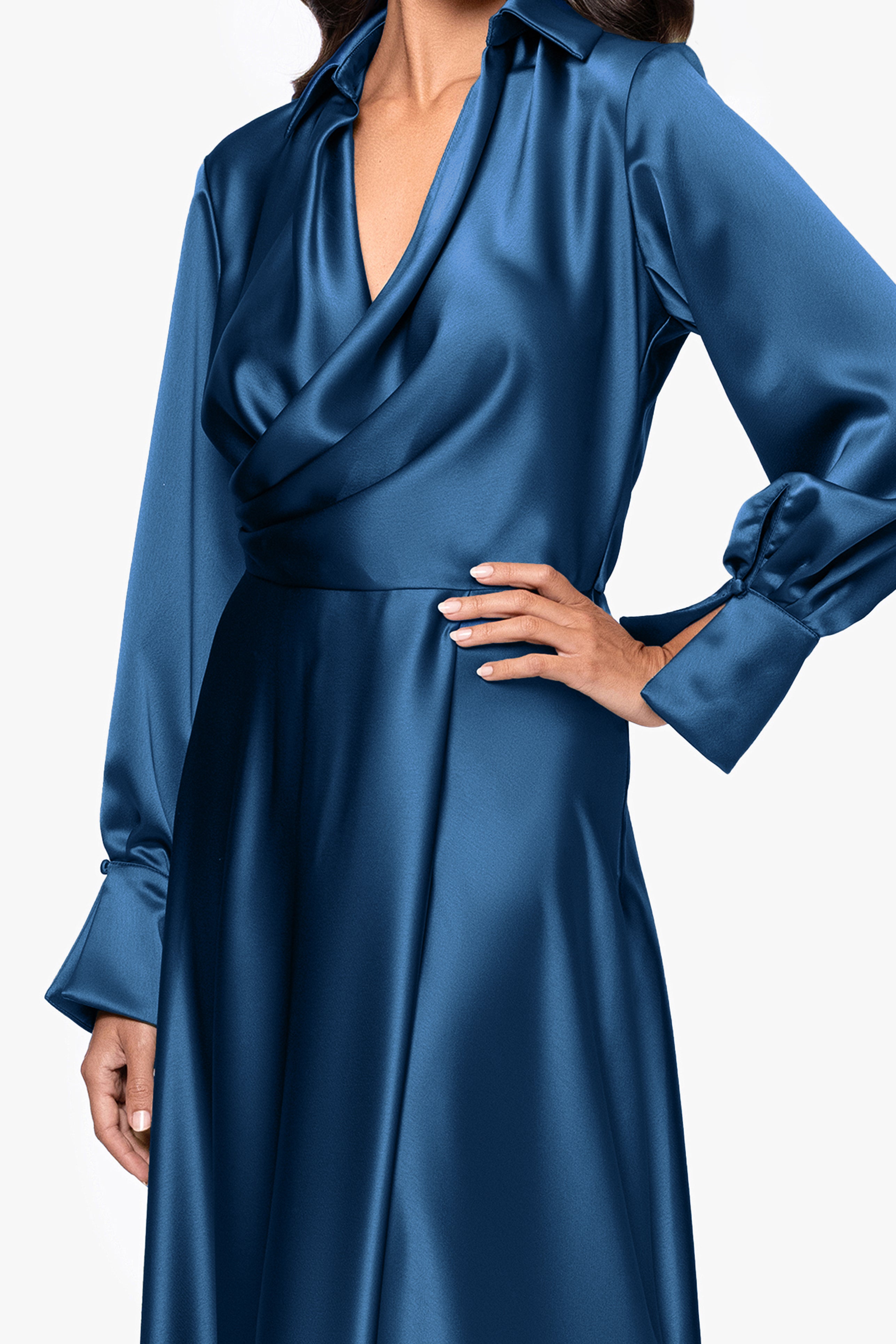 "Kelandra" Satin Collared V-Neck Long Sleeve Floor Length Dress