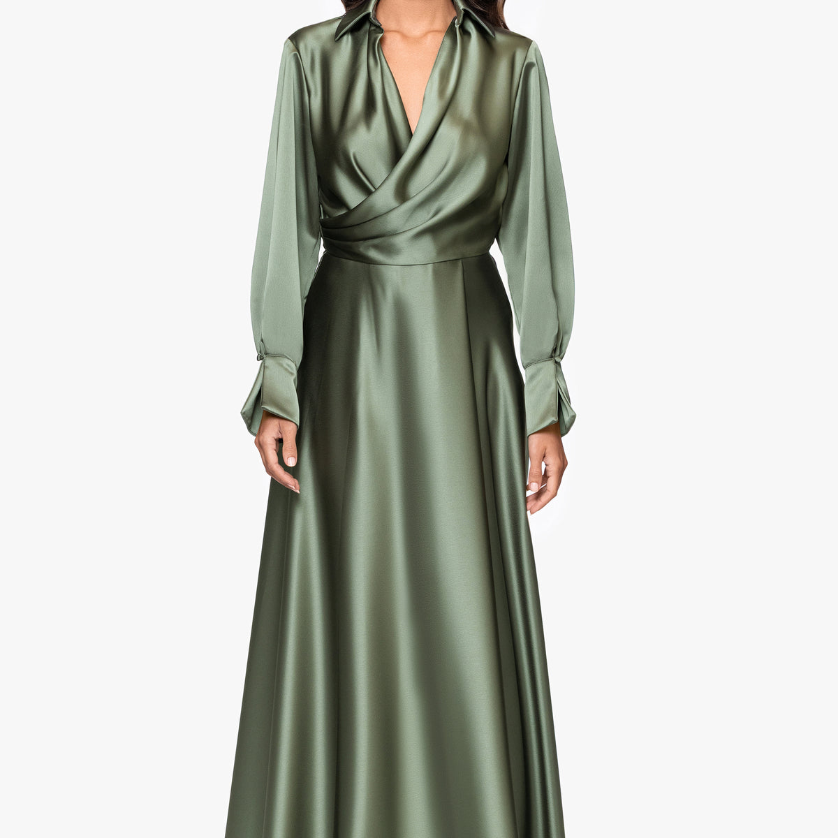 slim fit dress slacks Kelandra Satin Collared V-Neck Long Sleeve Floor Length Dress